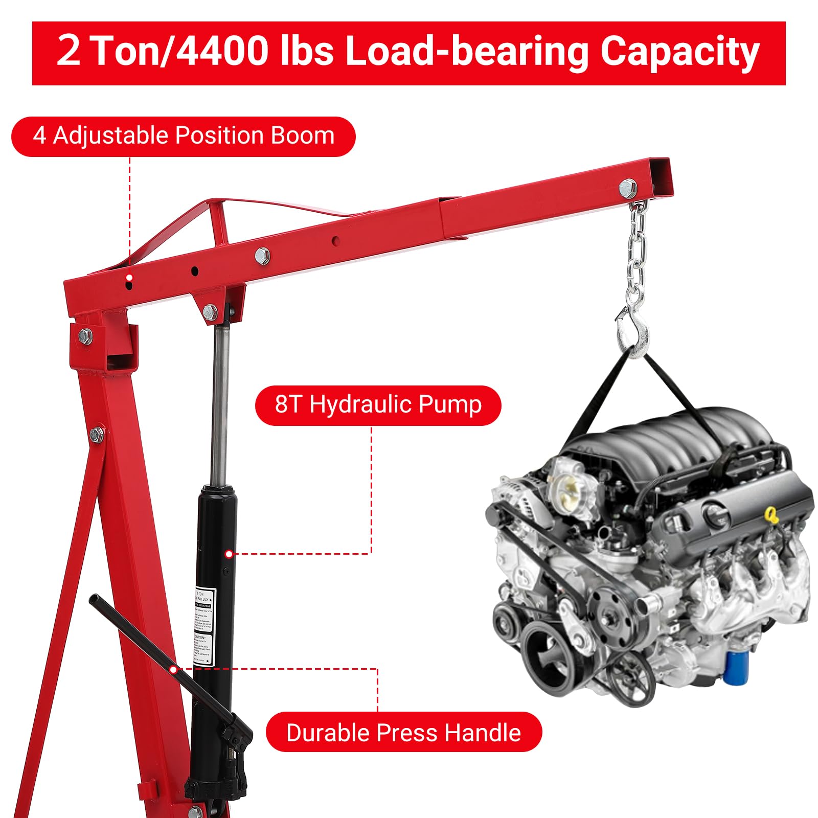 KOKEBREN 2 Ton Engine Hoist, Folding Cherry Picker Engine Hoist with Lever and 6 Casters, 4400lbs Heavy Duty Hydraulic Shop Cran