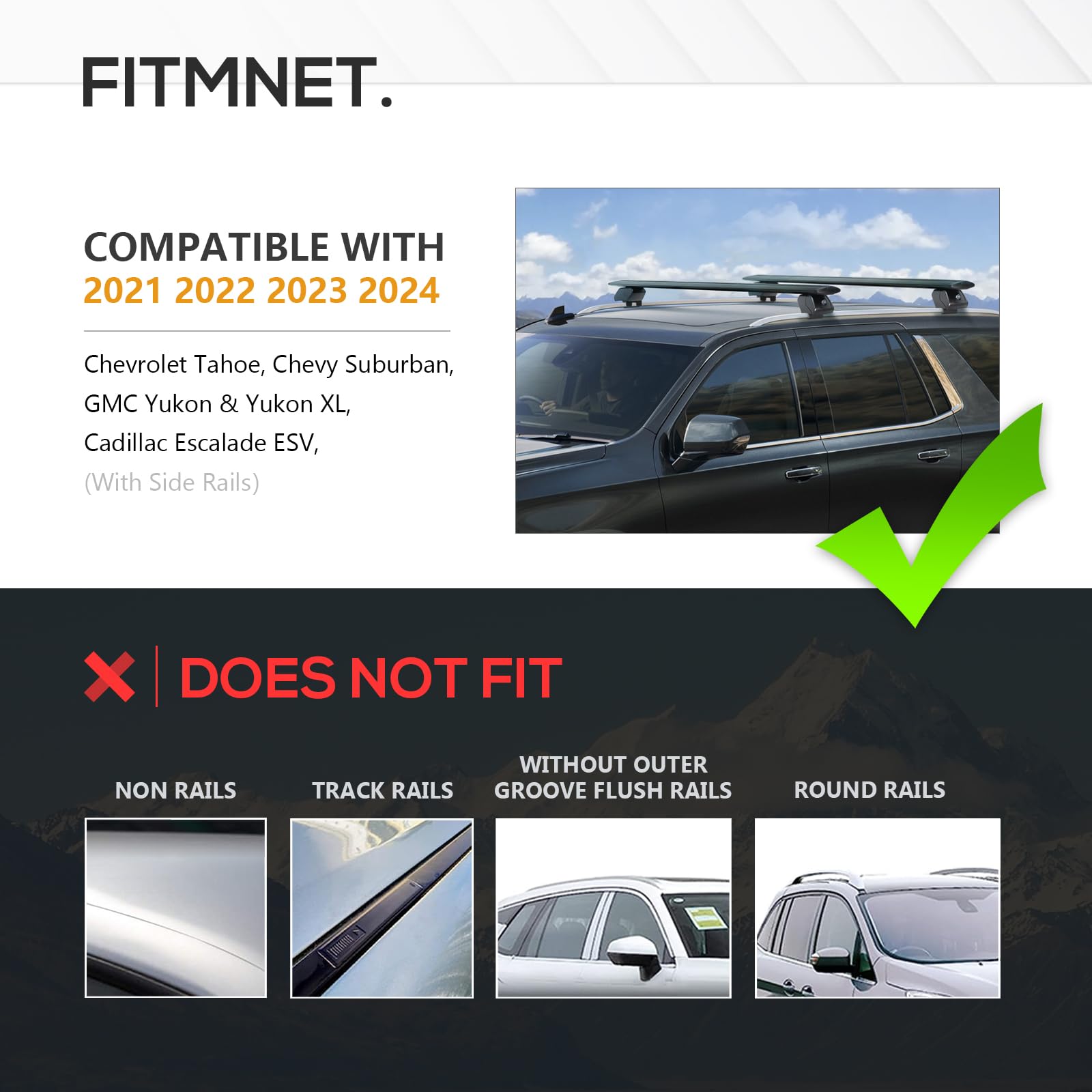 Suorto Heavy Duty 400 Lbs Roof Rack Cross Bars Compatible For 2021 2022 2023 2024 Chevrolet Tahoe, Chevy Suburban, Gmc Yukon & Yukon Xl, Cadillac Escalade Esv With Side Rails, Adjustable Lock Crossbar