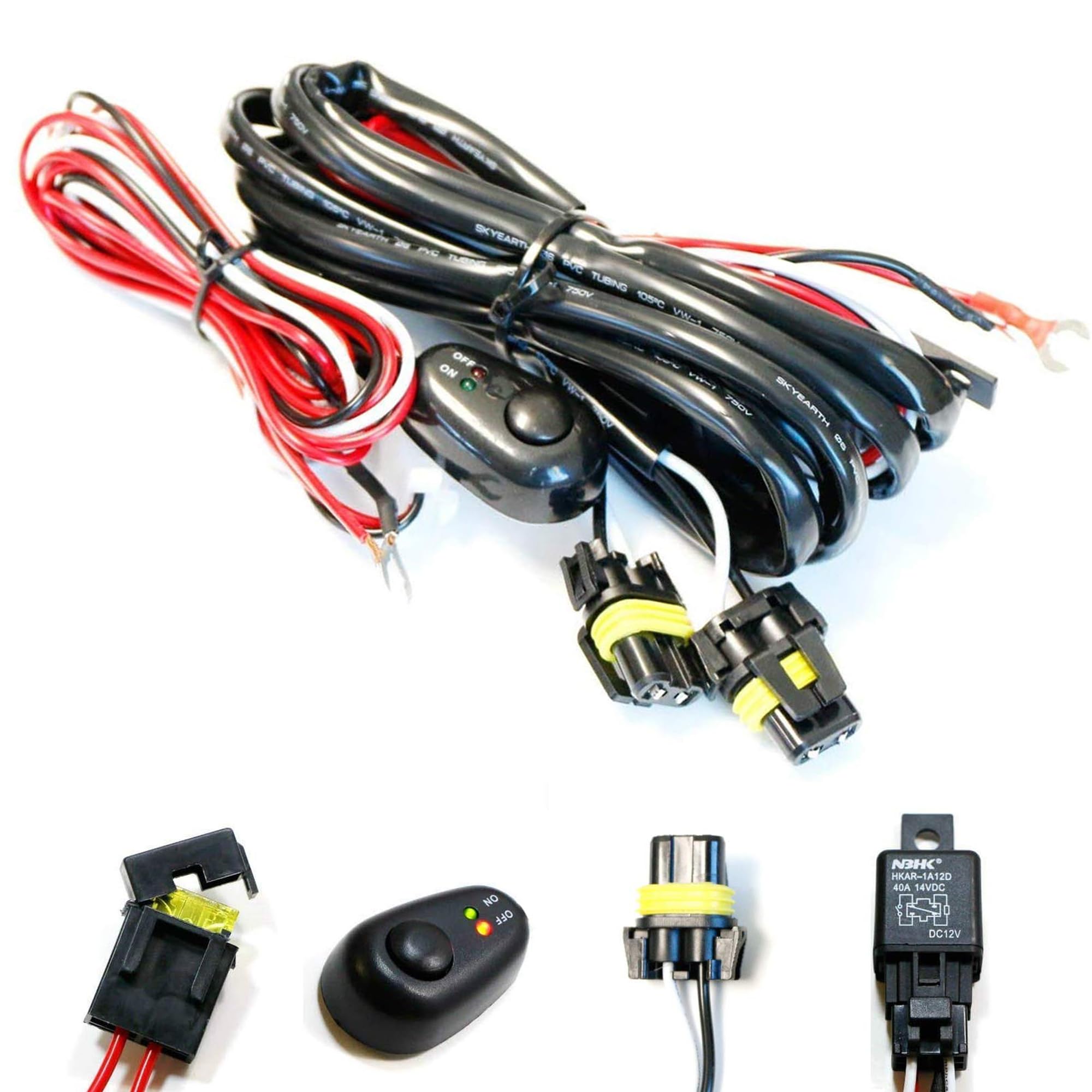 Ijdmtoy 9005 9006 H10 Relay Harness Wire Kit With Led Light On/Off Switch Compatible With Automtive Driving Light, Fog Light, Retrofit, Off-Road Lighting, Etc