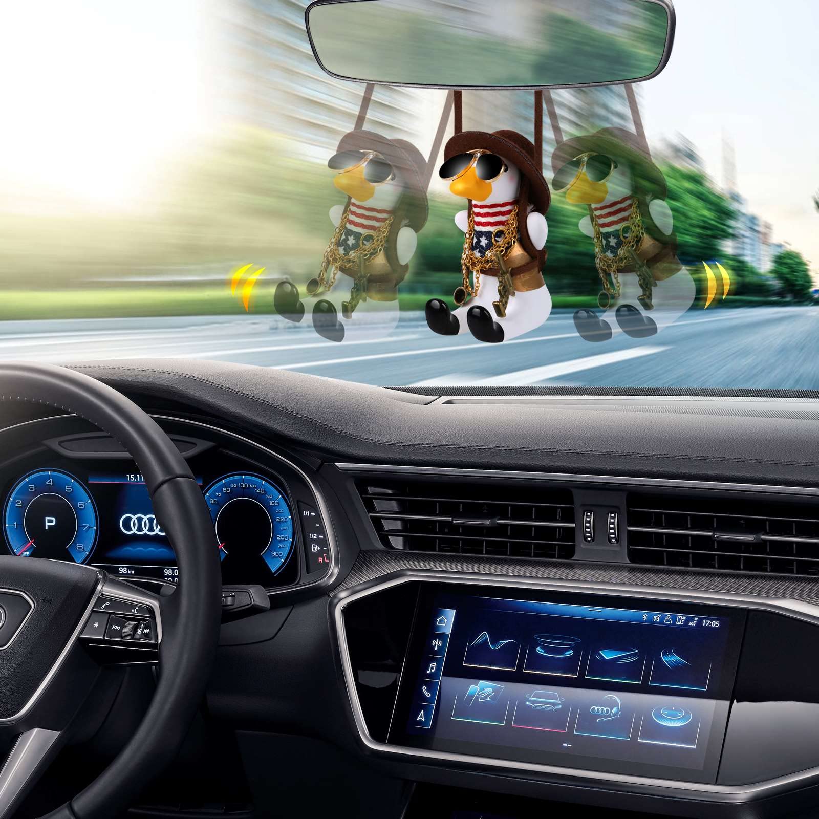 Cool Swinging Duck Car Hanging Ornament,Flying Duck With Sunglasses And Necklace, Cute Car Interior Rear View Mirror Decoration And Car Rear View Mirrior Hanging Accessories Gift For Men Women Teens