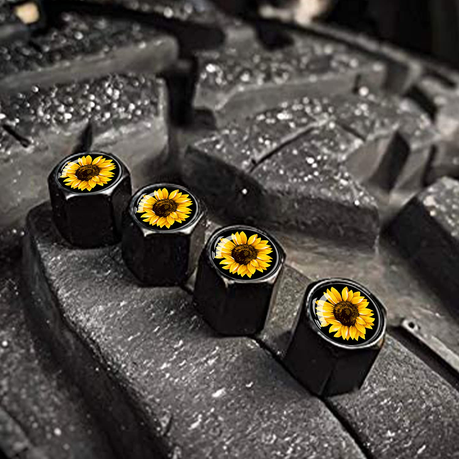 Xiageana Metal Car Wheel Tire Valve Stem Caps 4 Pack Cool Sunflower Pattern Aluminum Car Tire Air Valve Caps For Cars, Trucks, B