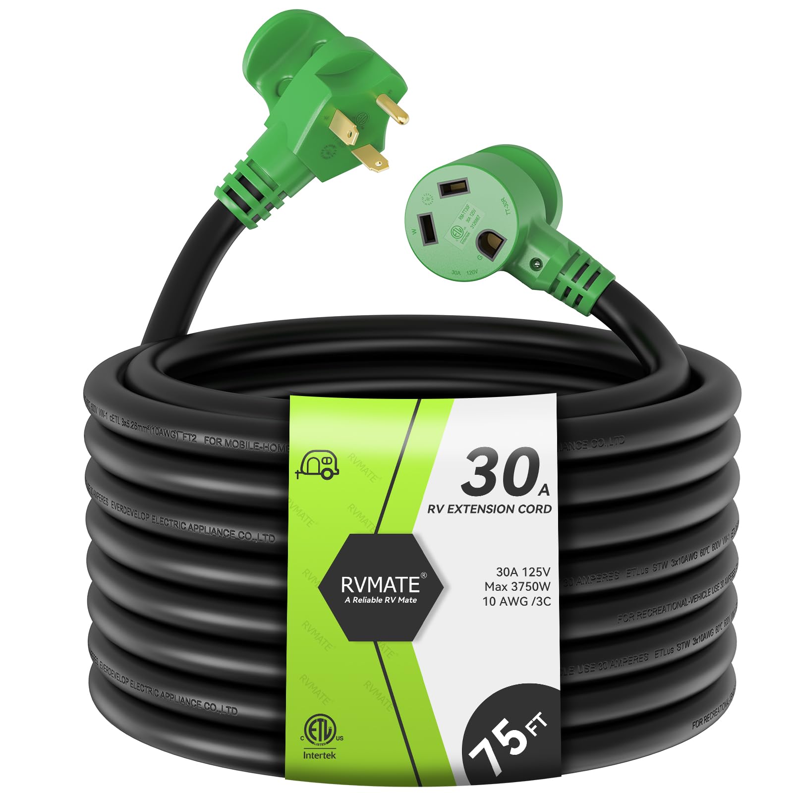 Rvmate 30 Amp 75 Feet Rv Power Extension Cord With Easy Plug-In Handle, Tt-30P To Tt-30R, Led Indicator, 10 Awg, Etl Listed