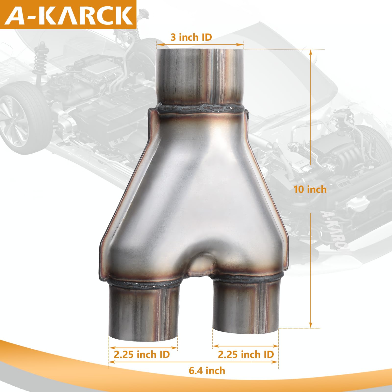 A-Karck Exhaust Y Pipe 3'' Inlet, Stainless Steel 2.25'' Outlet 10'' Long Y Pipe Withstands High Temperatures
