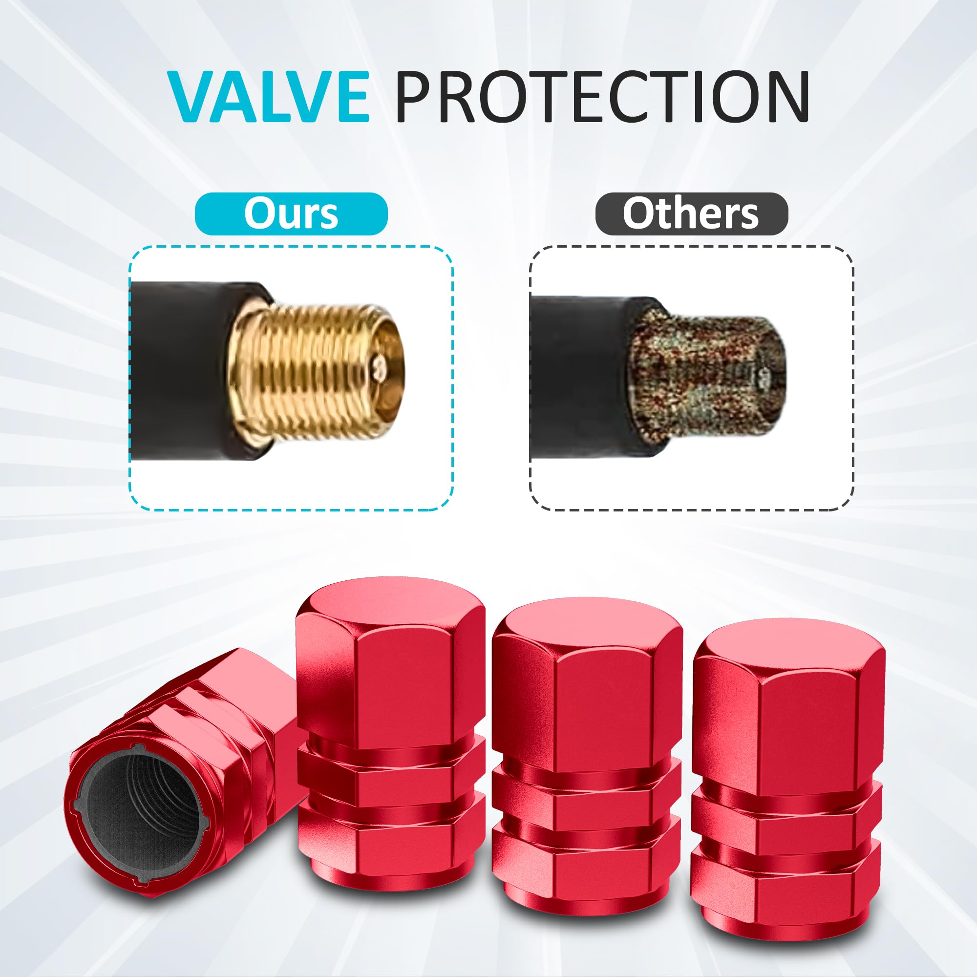 Tire Valve Stem Caps - 4 Pack - Anodized Aluminum - Corrosion Resistant - Cars Trucks Motorcycles SUVs and Bikes - Universal Hex
