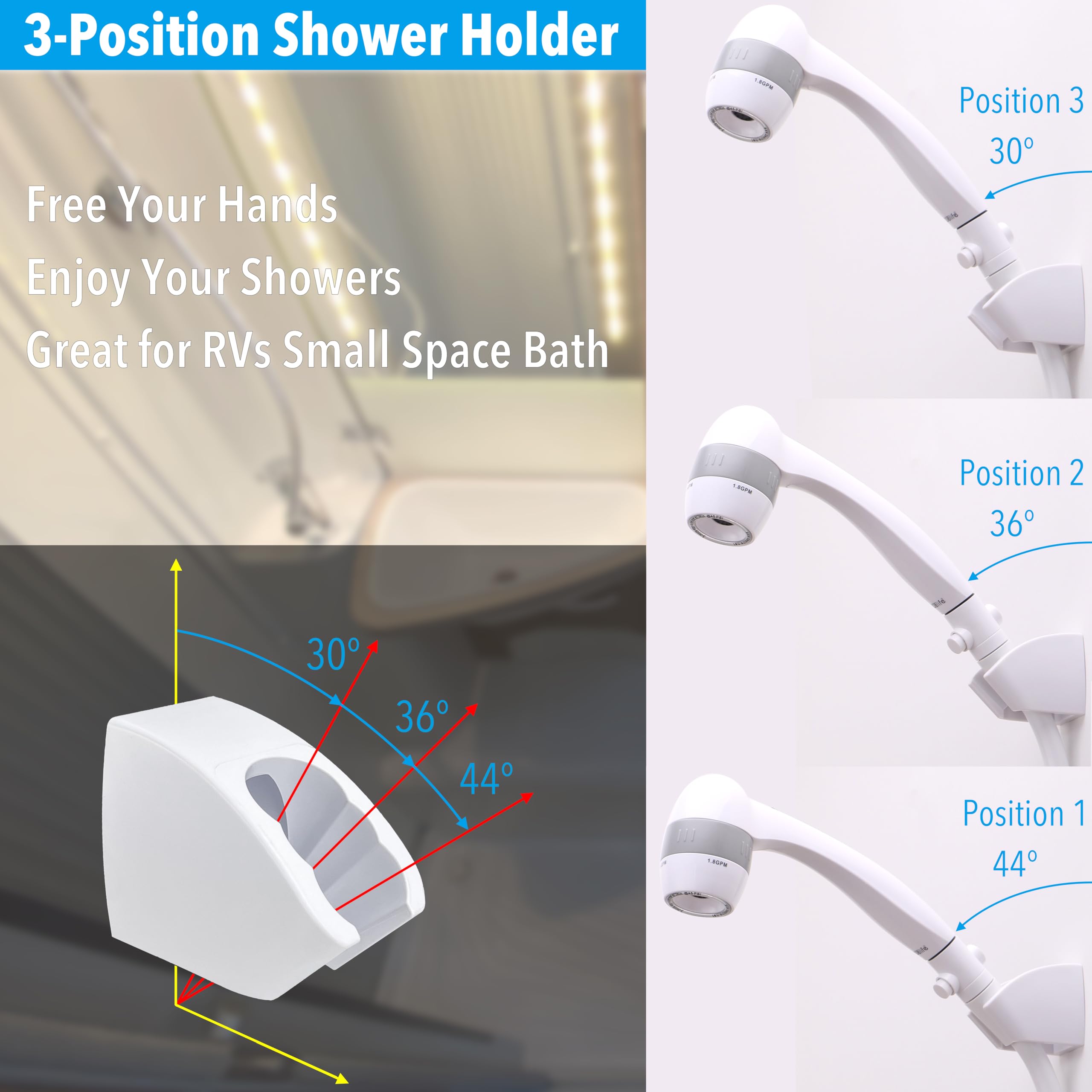 High Pressure Rv Shower Head With Hose And On Off Switch, 3 Flow Rate For Saving Water, White