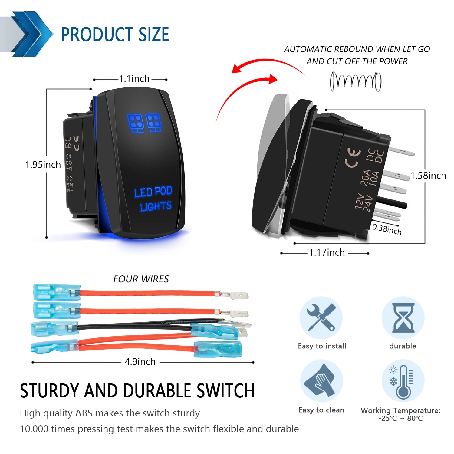 Fabood F Waterproof 5 Pin Led Pod Lights Rocker Switch Spst On/Off Two Led Backlit Blue Light 20A 12V For Auto Automotive Motorc