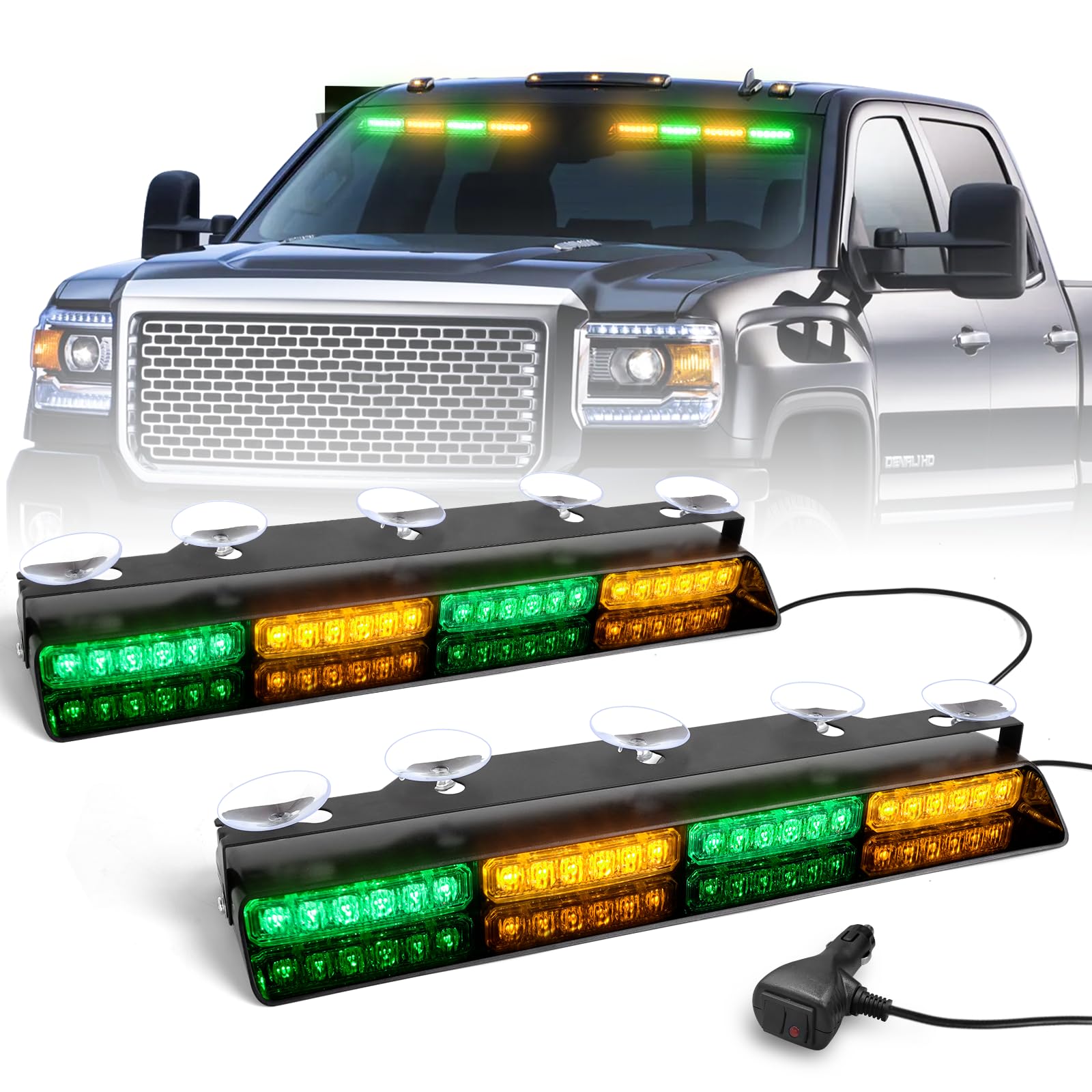 Hlauto 6Z4J Emergency Dash Strobe Lights: 2X16.8 Inch Green Amber Safety Lights, 48 Led Flashing Warning Hazard Interior Windshi