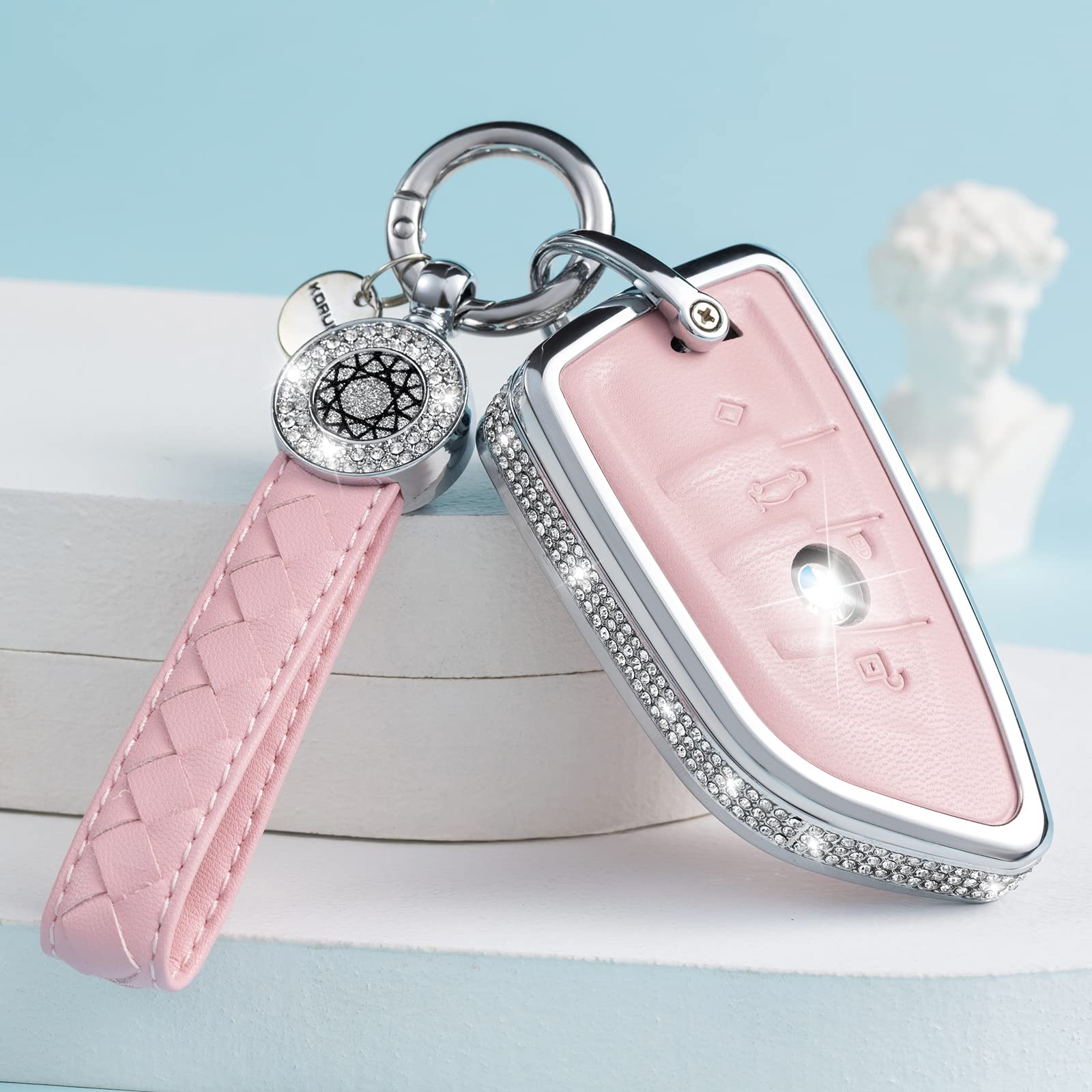 Ruabiban For Bmw Key Fob Cover With Keychain, Pink Genuine Leather Crystal Key Case Protection Shell Compatible With Bmw 2 5 6 7
