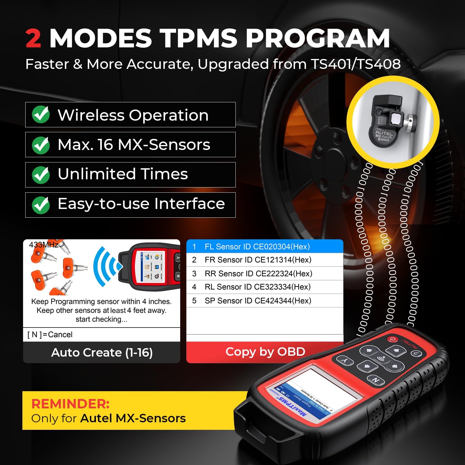 Autel MaxiTPMS TS508WF TPMS Programming Tool, 2025 WiFi Ver. of TS508 TS501 Pro TS408S, Program MX-Sensors (315/433 MHz), TPMS Reset/Relearn/Activate All Sensors, TPMS Scan Tool Read/Clear DTCs