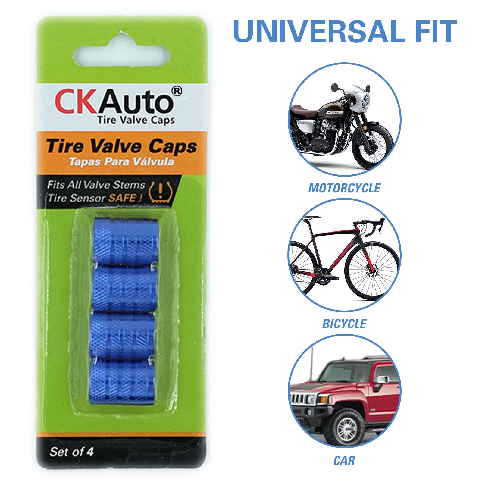 Ckauto Tire Valve Stem Caps, Blue, 4 Pcs/Pack, Anodized Aluminum Tire Valve Cap Set, Corrosion Resistant, Universal Stem Covers