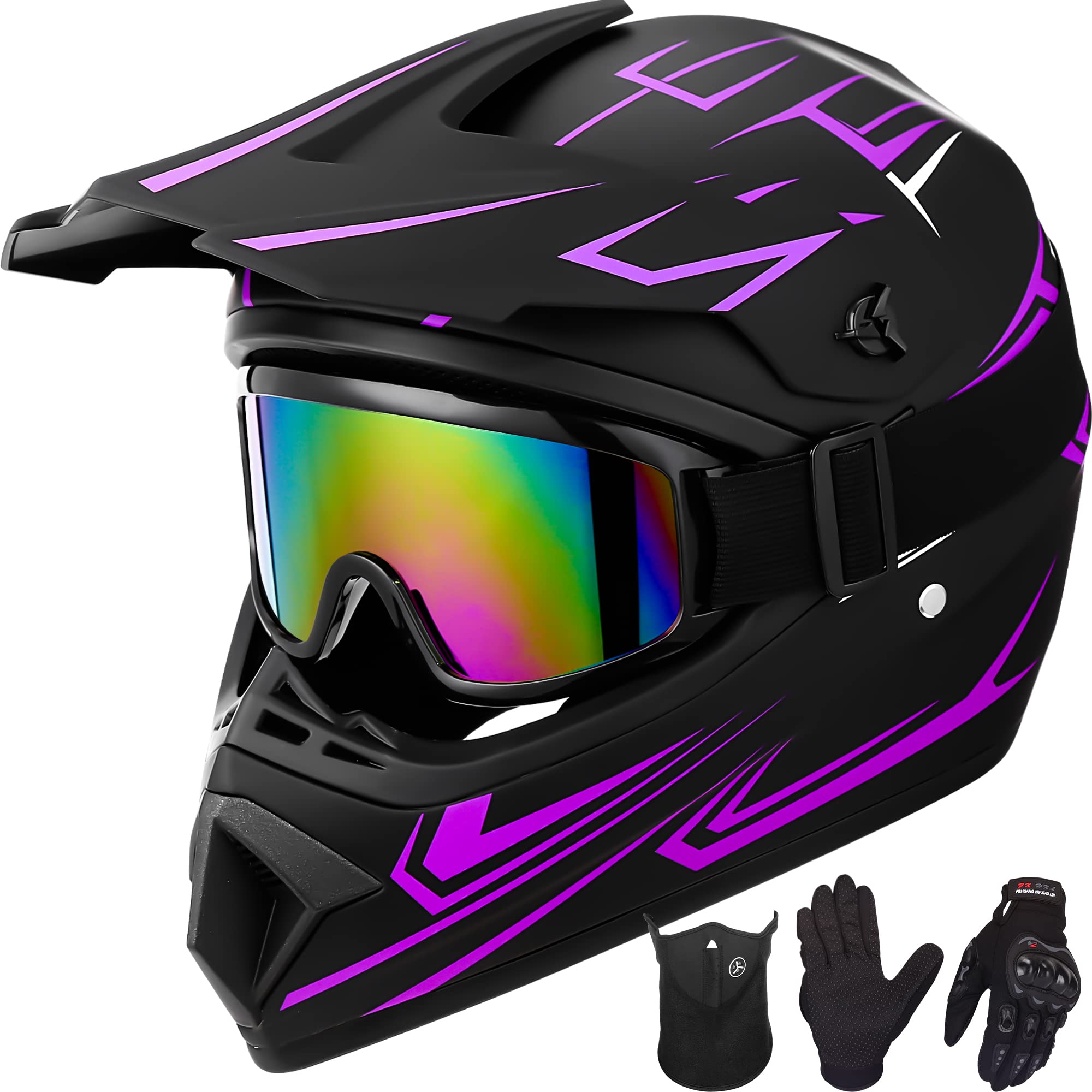 Yesmotor Youth Kids Full Face Motocross Helmet - DOT Approved, Large, Purple, Includes Gloves, Goggles, Mask, ATV, BMX, Dirt Bike