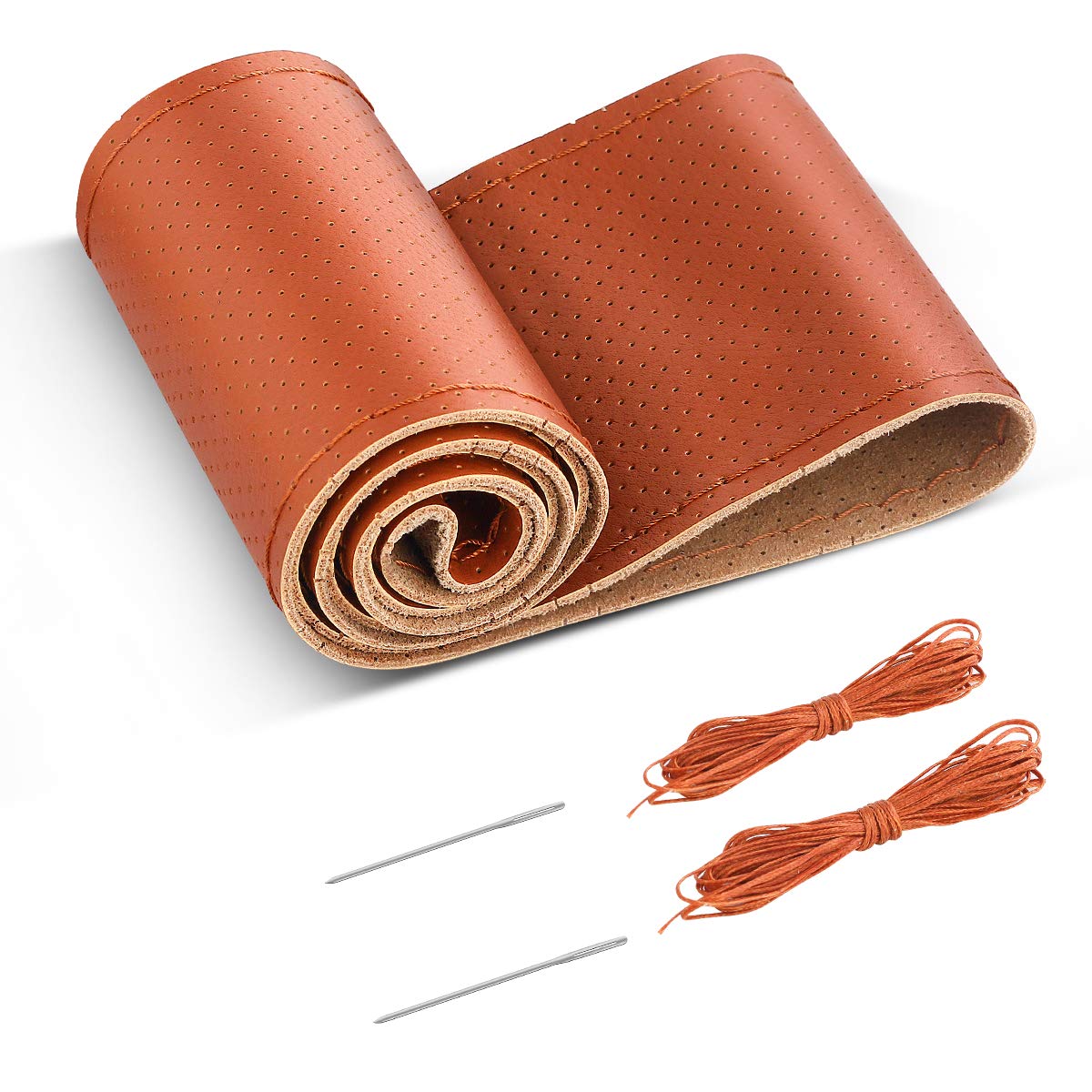 Belinous Universal Leather Car Steering Wheel Cover, Stitch On Wrap (Size M4, Brown)