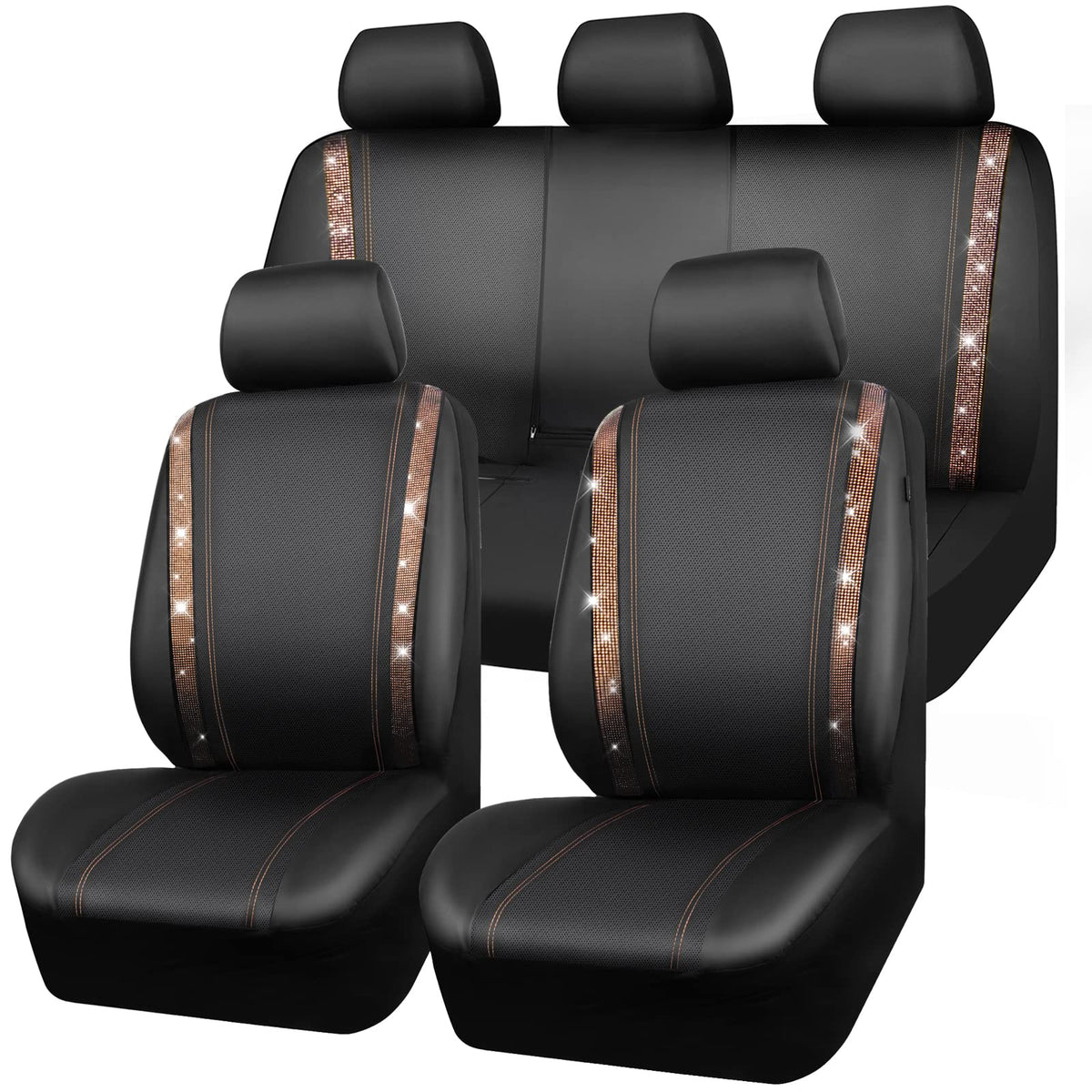Car Pass Bling Car Seat Covers Full Sets, Shining Rhinestone Diamond Waterproof Faux Leather, With Zipper, Universal Fit Automot