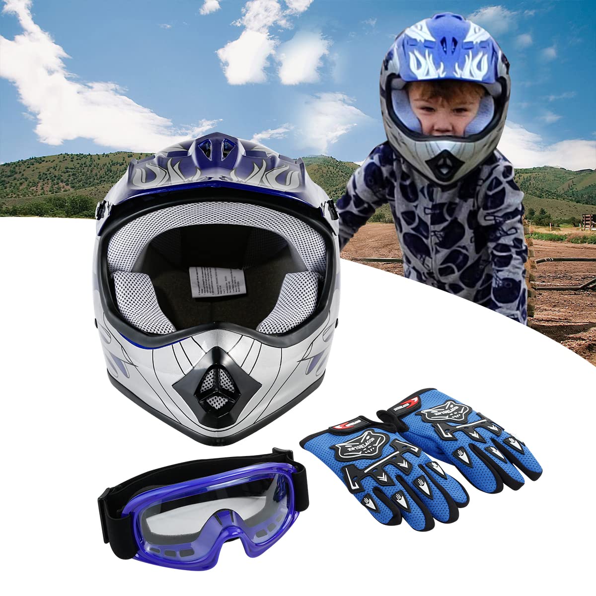 Slmoto Dot Youth Kids Helmet Motocross Offroad Street Helmet Motorcycle Helmet Dirt Bike Motocross Atv Blue Flame Design Helmet+Goggles+Gloves