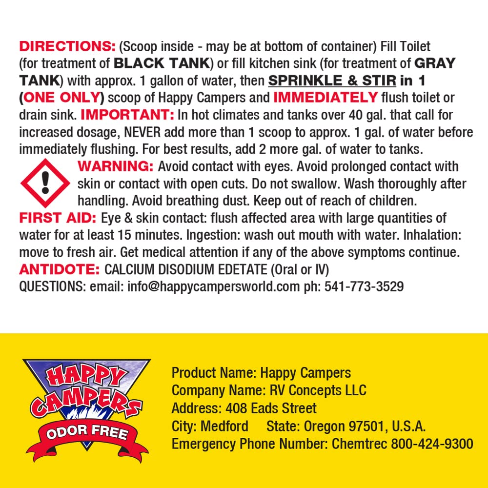 Happy Campers RV Toilet Treatment 18oz - Extra Strength Odor Eliminator for Black & Gray Tanks, White, Pack of 1