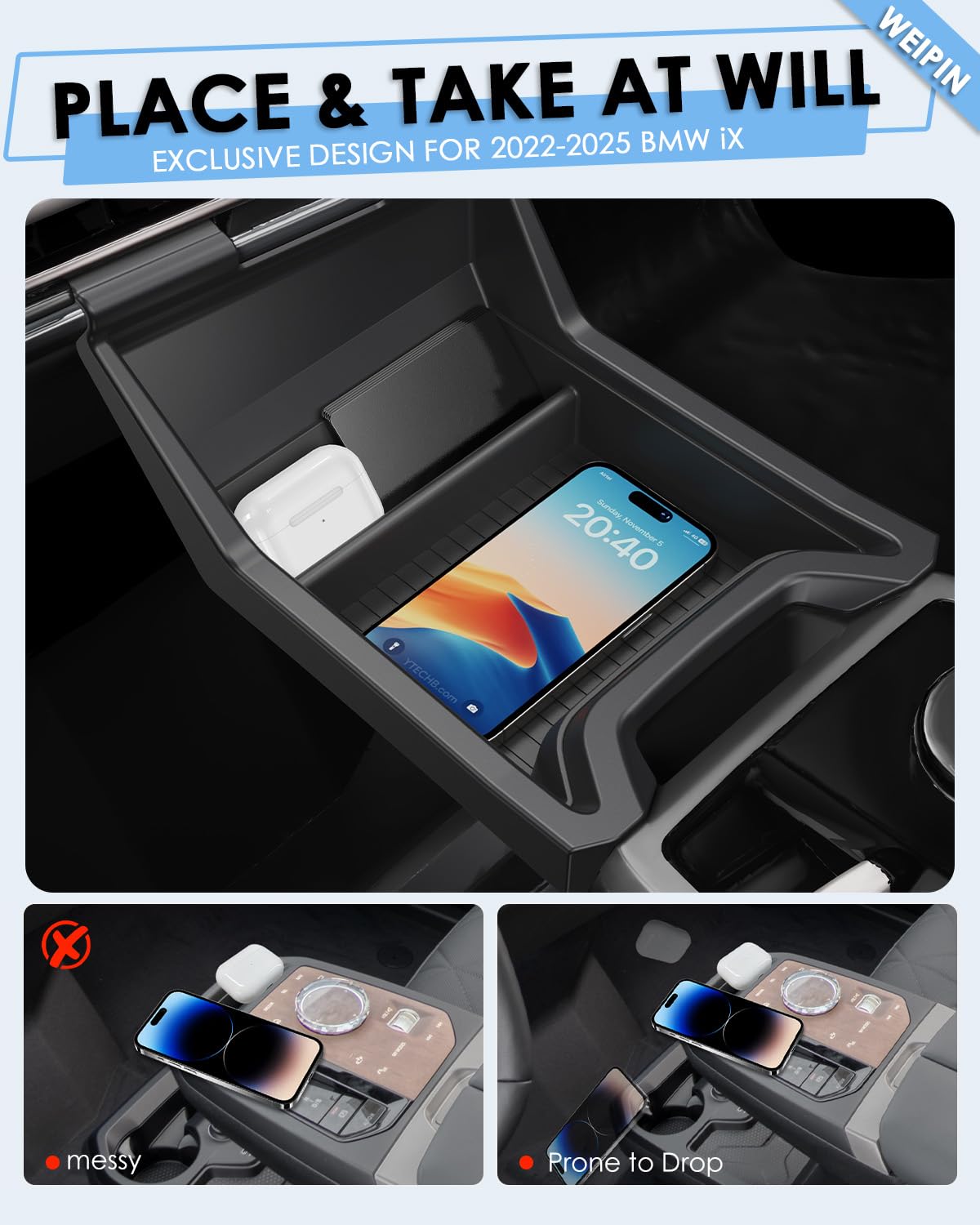 For BMW iX Center Console Tray - Compatible with 2022-2025 BMW iX Center Console Organizer Tray [2.5mm Thickened ABS Material] [