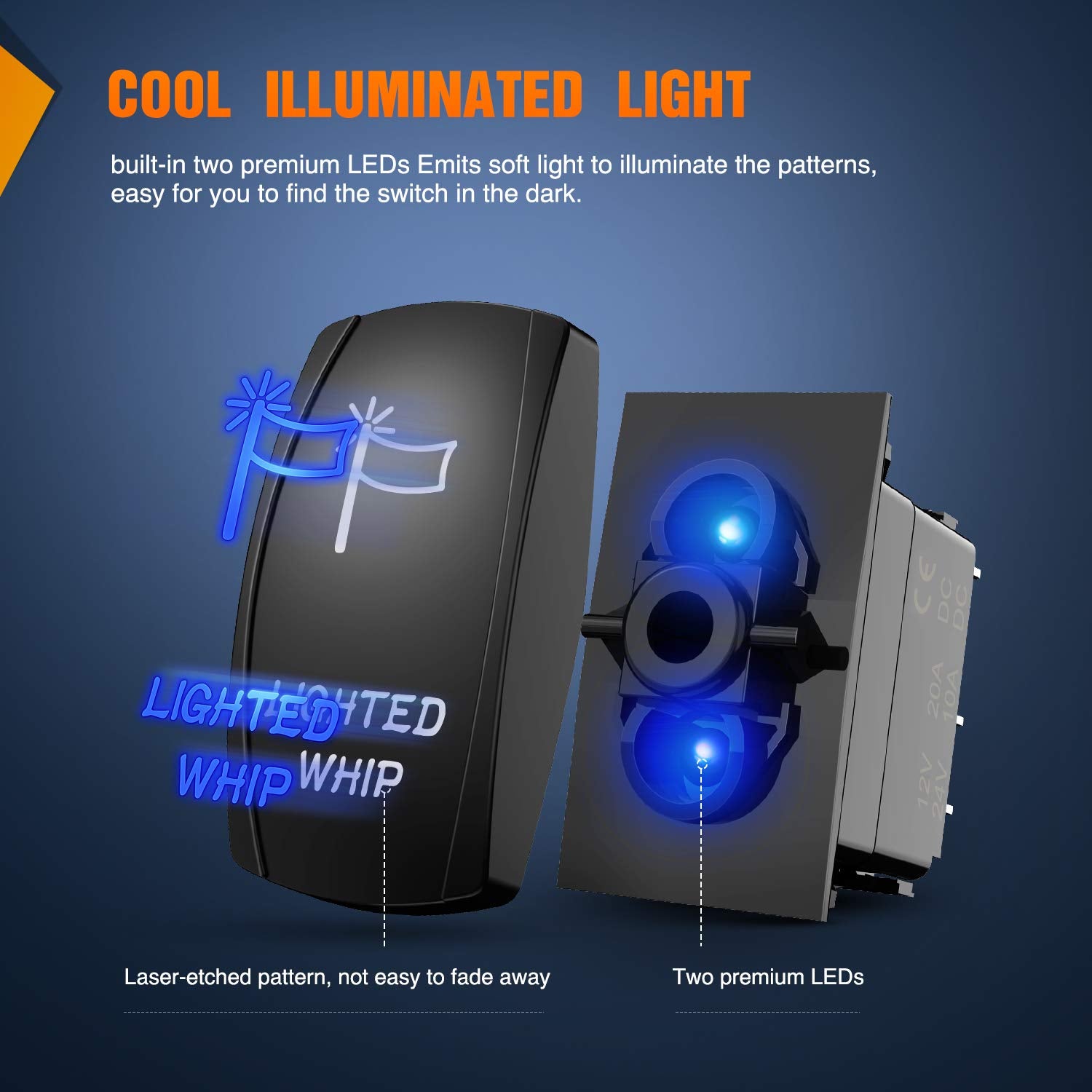 Nilight 90007B Lighted Whip Rocker Switch Led Light Bar 5Pin Laser On/Off Led Light 20A/12V 10A/24V Switch Jumper Wires Set For