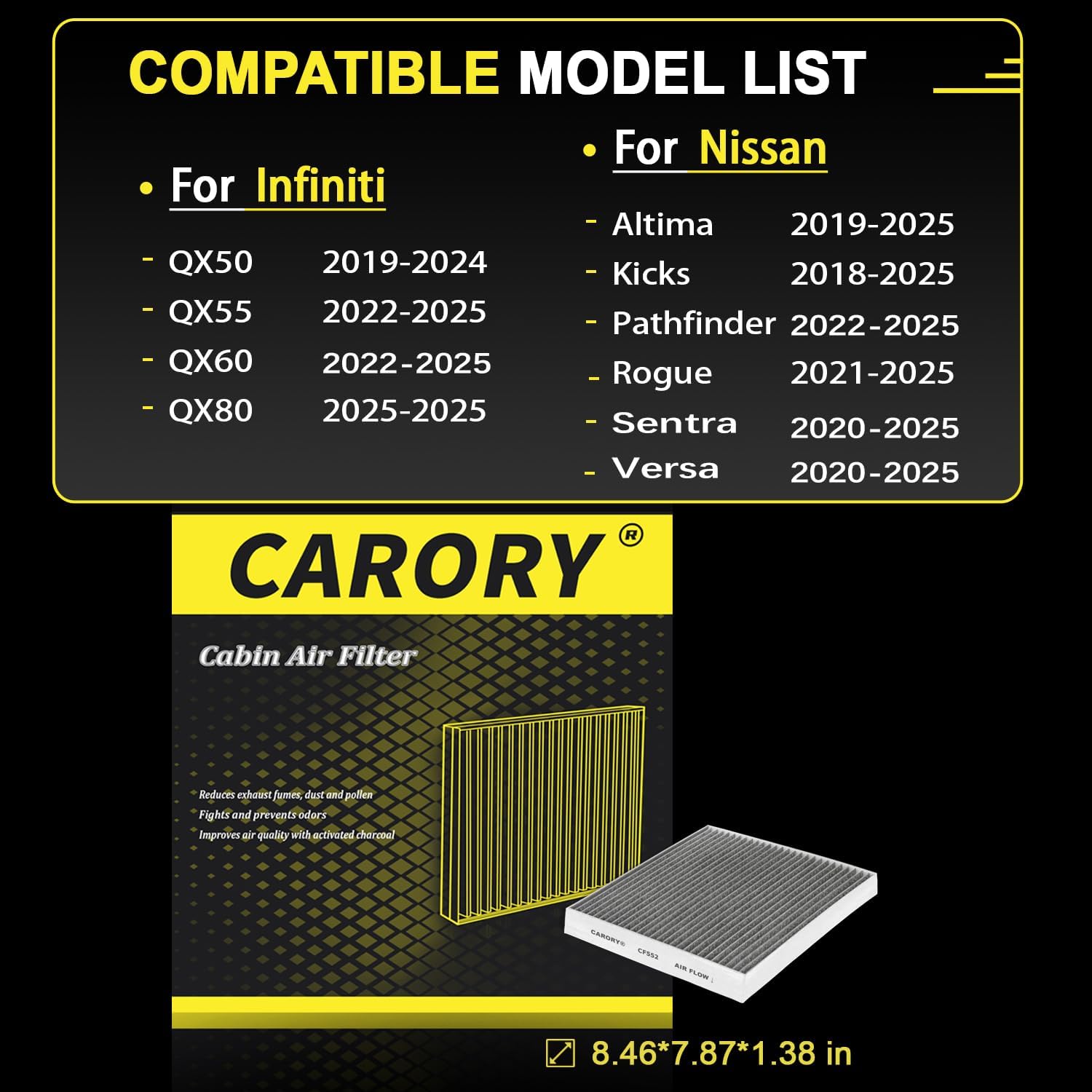 CARORY Cabin Air Filter w/Activated Carbon for Nissan Rogue 21-25, Altima 19-25, Kicks 18-25, Pathfinder 22-25, Sentra 20-25, Ve