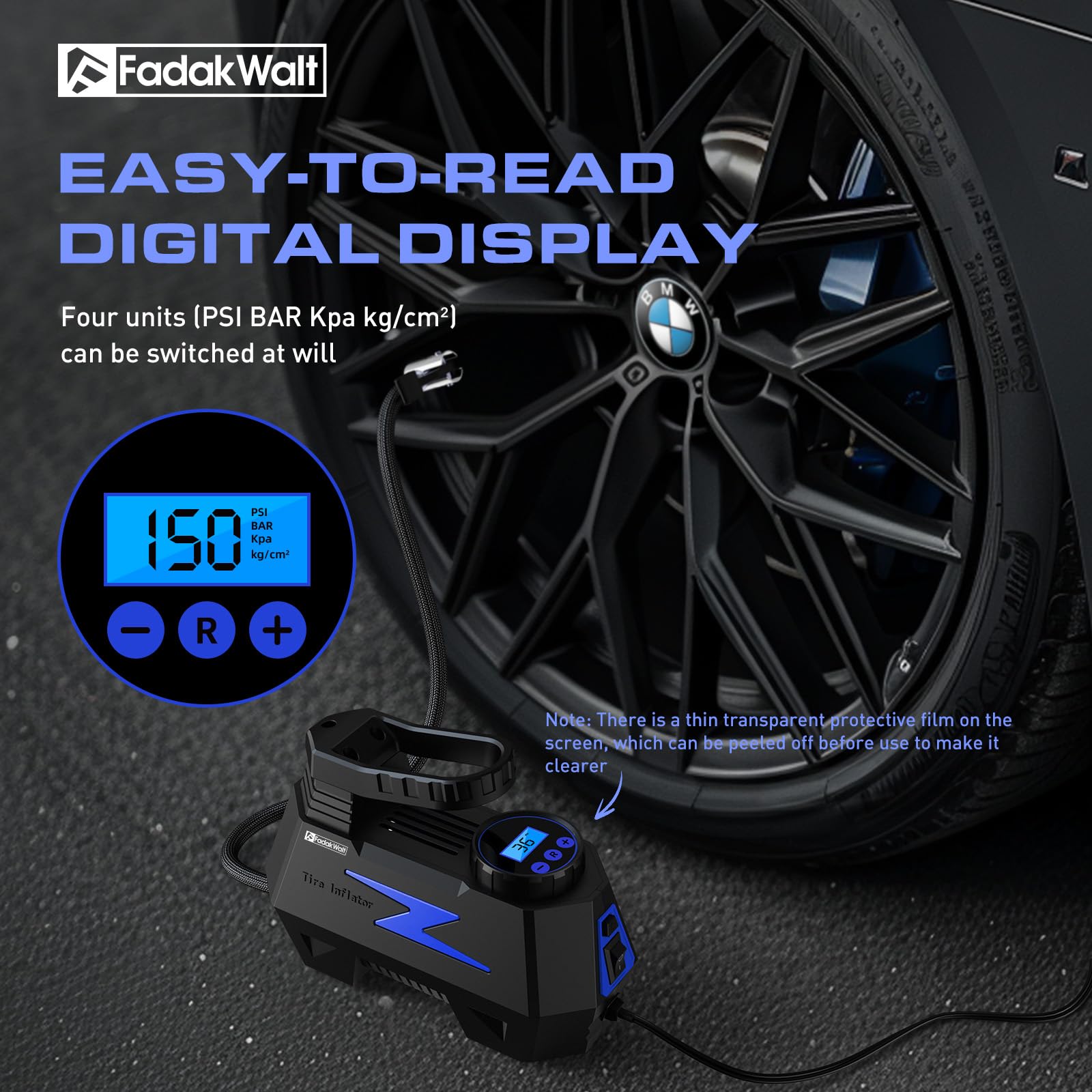 Fadakwalt Tire Inflator Portable Air Compressor, Dc 12V Tire Air Pump With Led And 150Psi Digital Pressure Gauge, Portable Tire