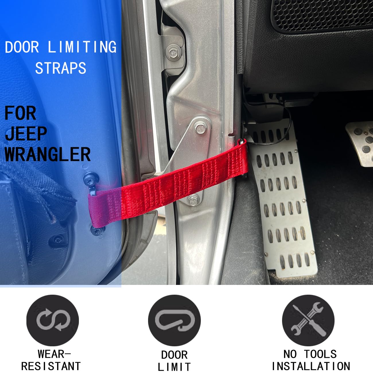 ROMASO Adjustable Door Check Strap for Jeep Wrangler CJ YJ TJ JK JKU JL JLU, Red - Pack of 2, Durable Door Limit Straps