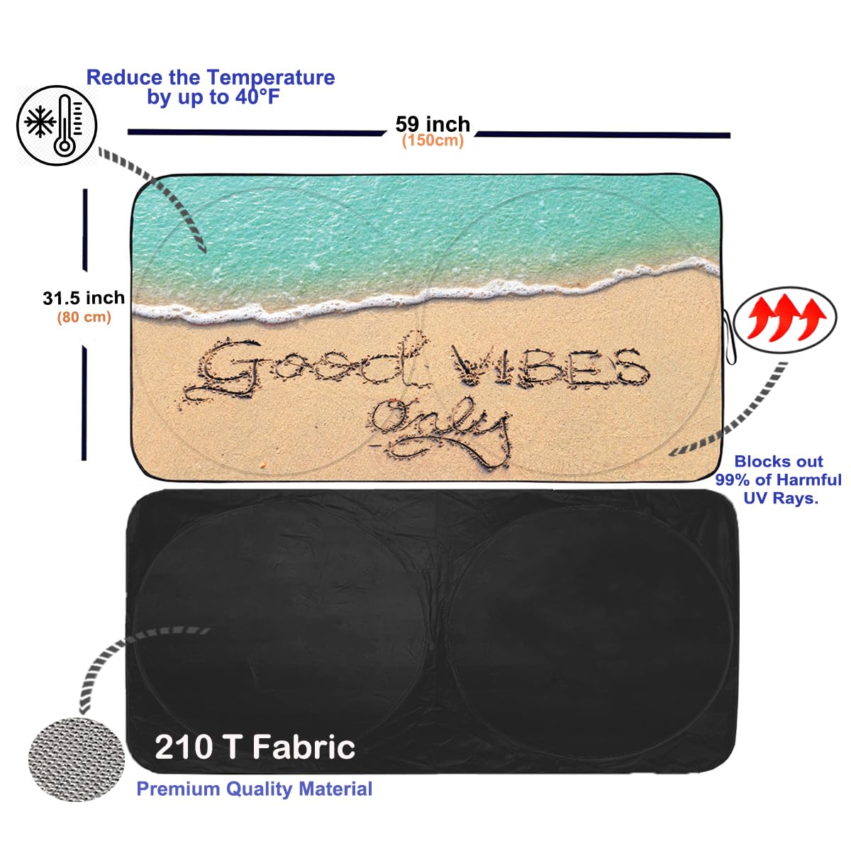 Gven Sun Shade For Car Windshield, Good Vibes Beach Style Car Windshield Sun Shade For Heat Protection Funny Car Accessories For