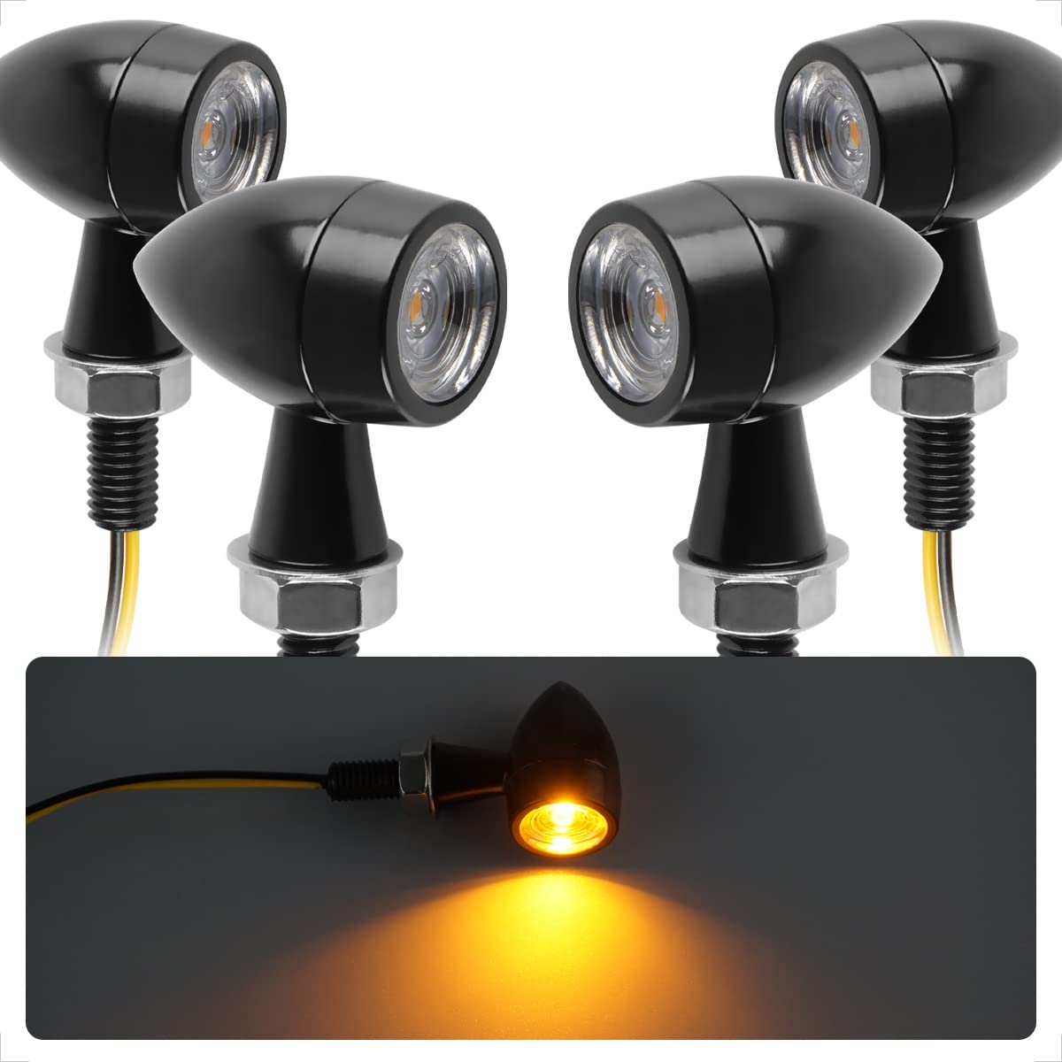 Evermotor Mini Bullet Motorcycle Turn Signals - Universal Led Blinker Lights, Waterproof Front And Rear Indicators For Harley, Dirt Bike, Yamaha, Honda, Cafe Racer, Cruiser - Amber Light, 4Pcs