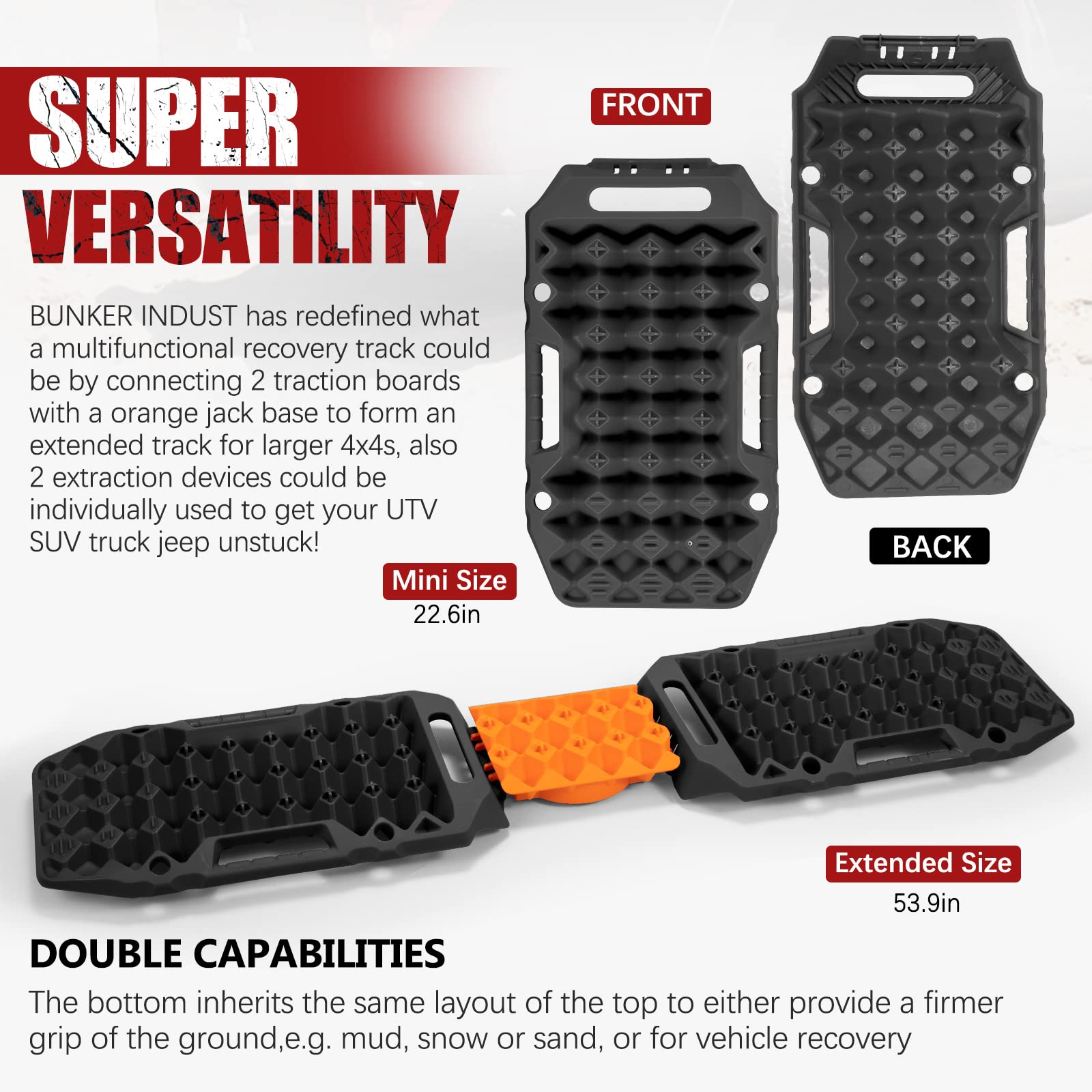 Bunker Indust Offroad Traction Boards With Jack Base,Pair Multifunctional Recovery Tracks Tire Traction Mat Snow Mud Sand Ramp-B