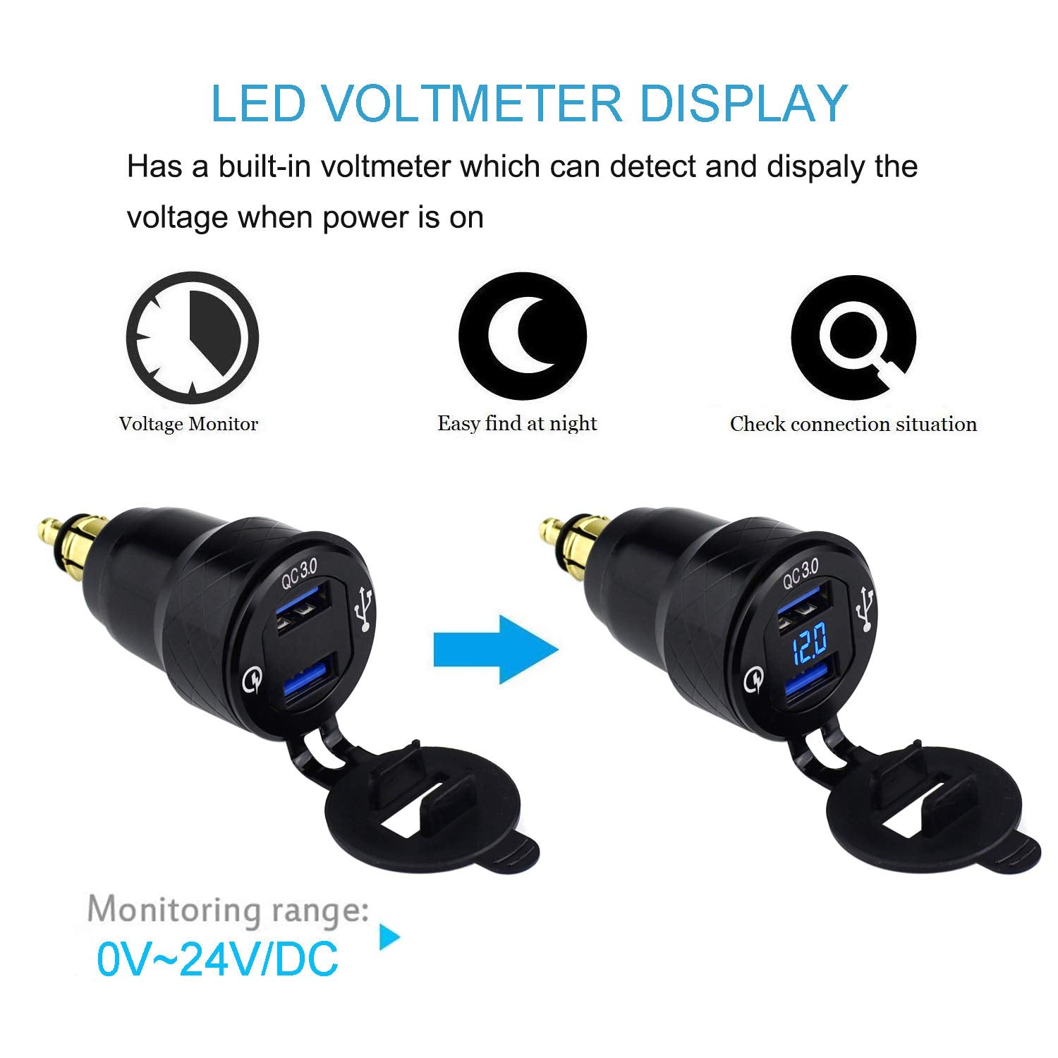 Cllena Din Hella Plug To Dual Quick Charge 3.0 Usb Charger Adapter With Led Voltmeter For Bmw Motorcycle (Blue)