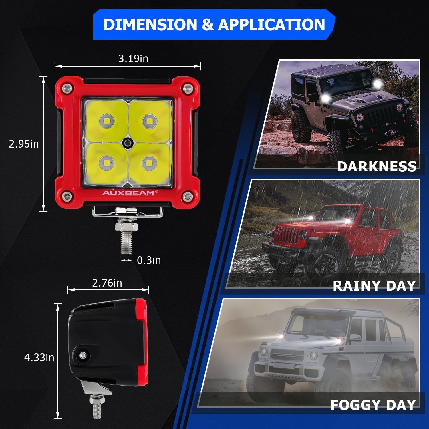Auxbeam Fa Series Red Housing Led Pods, 3 Inch 40W Spot Beam Light Bar, Ditch Off-Road Cube Lights Bumper A-Pillar Hood Mount, W