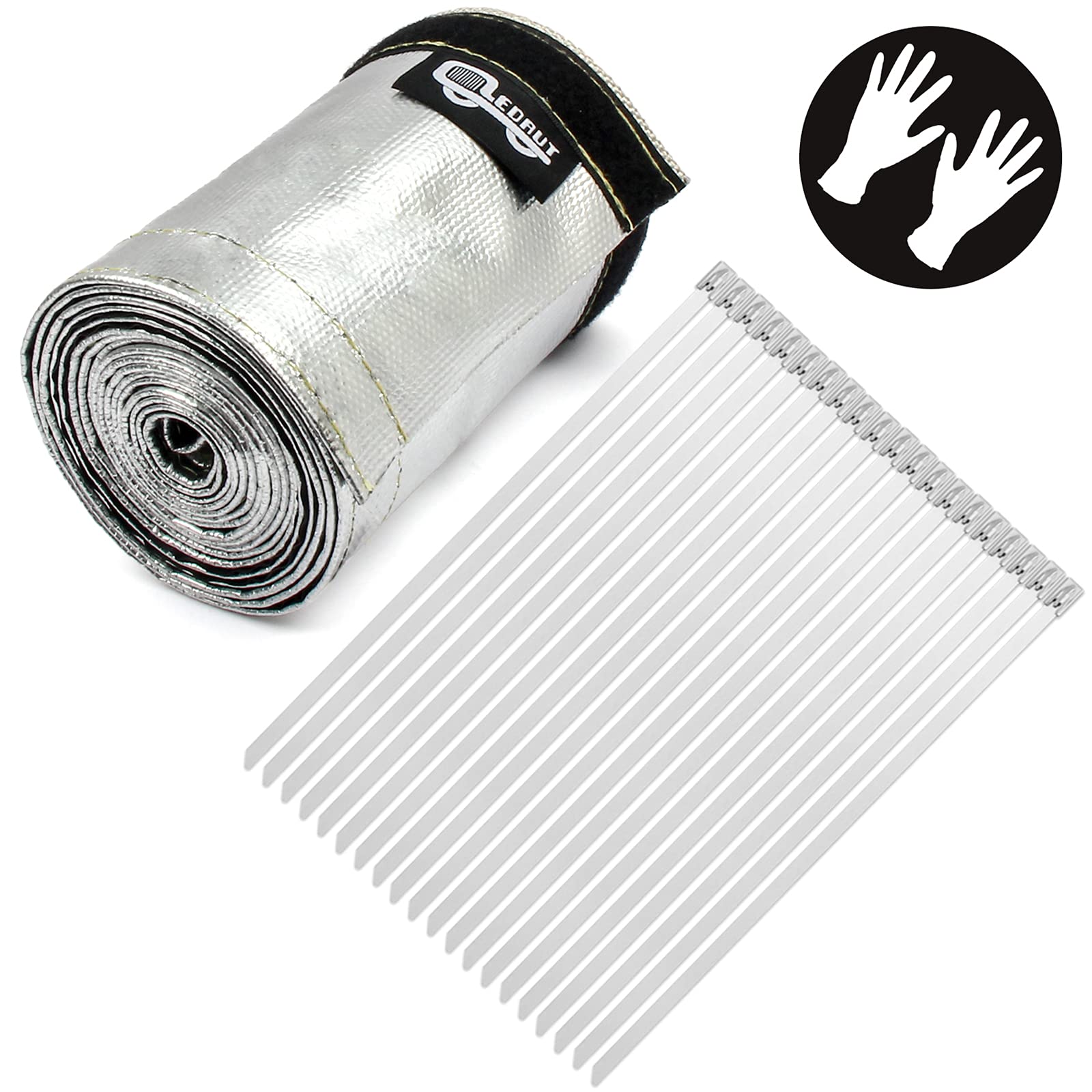 Heat Shroud Aluminized Sleeving Heat Shield Fuel Line Wire Heat Sleeve 1-1/2''I.D. X 10Ft With 20 Pcs 7.8Inch Stainless Steel Ca