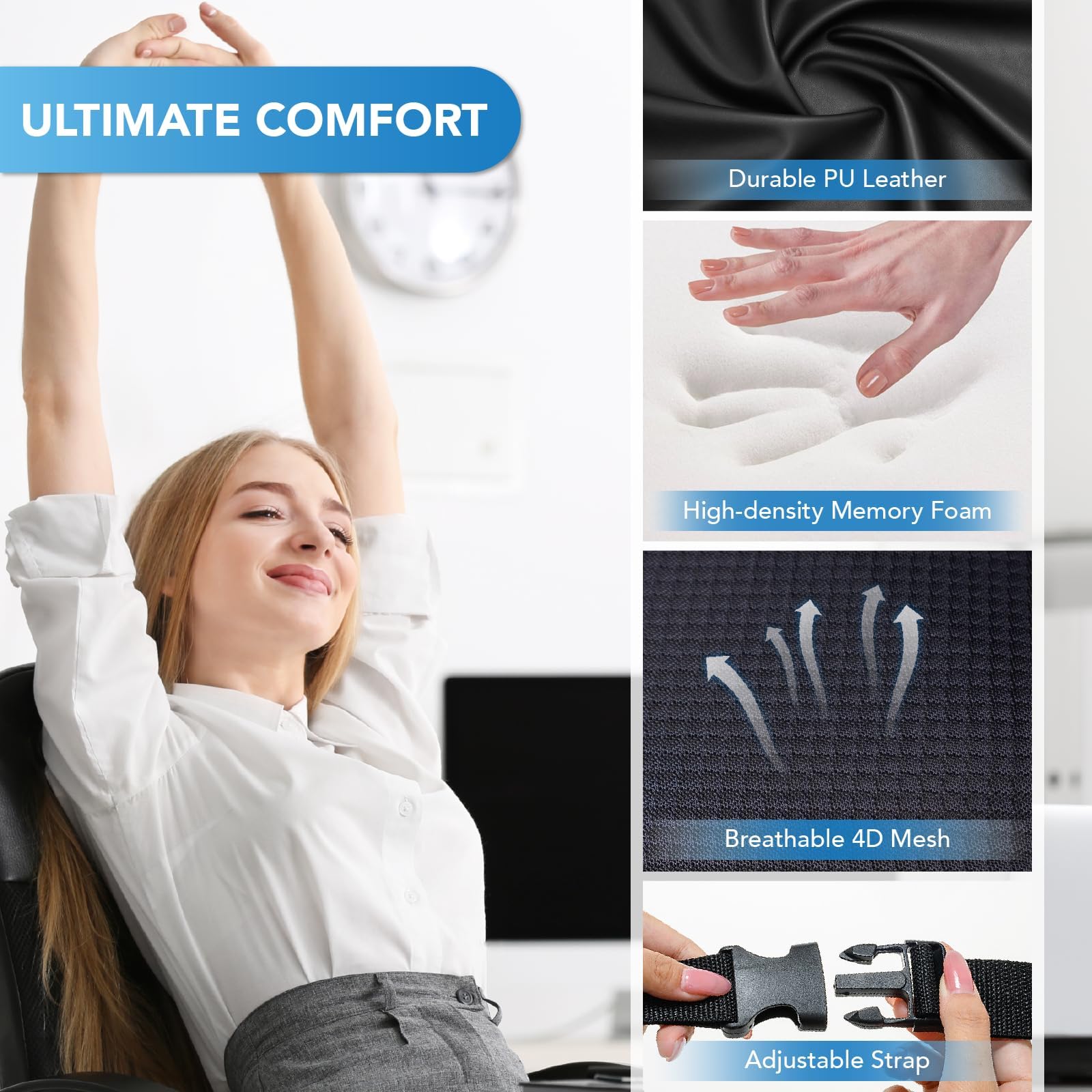 Lofty Aim Lumbar Support Pillow - Memory Foam Back Cushion for Car & Office, Classic 4D Mesh, Black, 12.2x16.9x4 inches