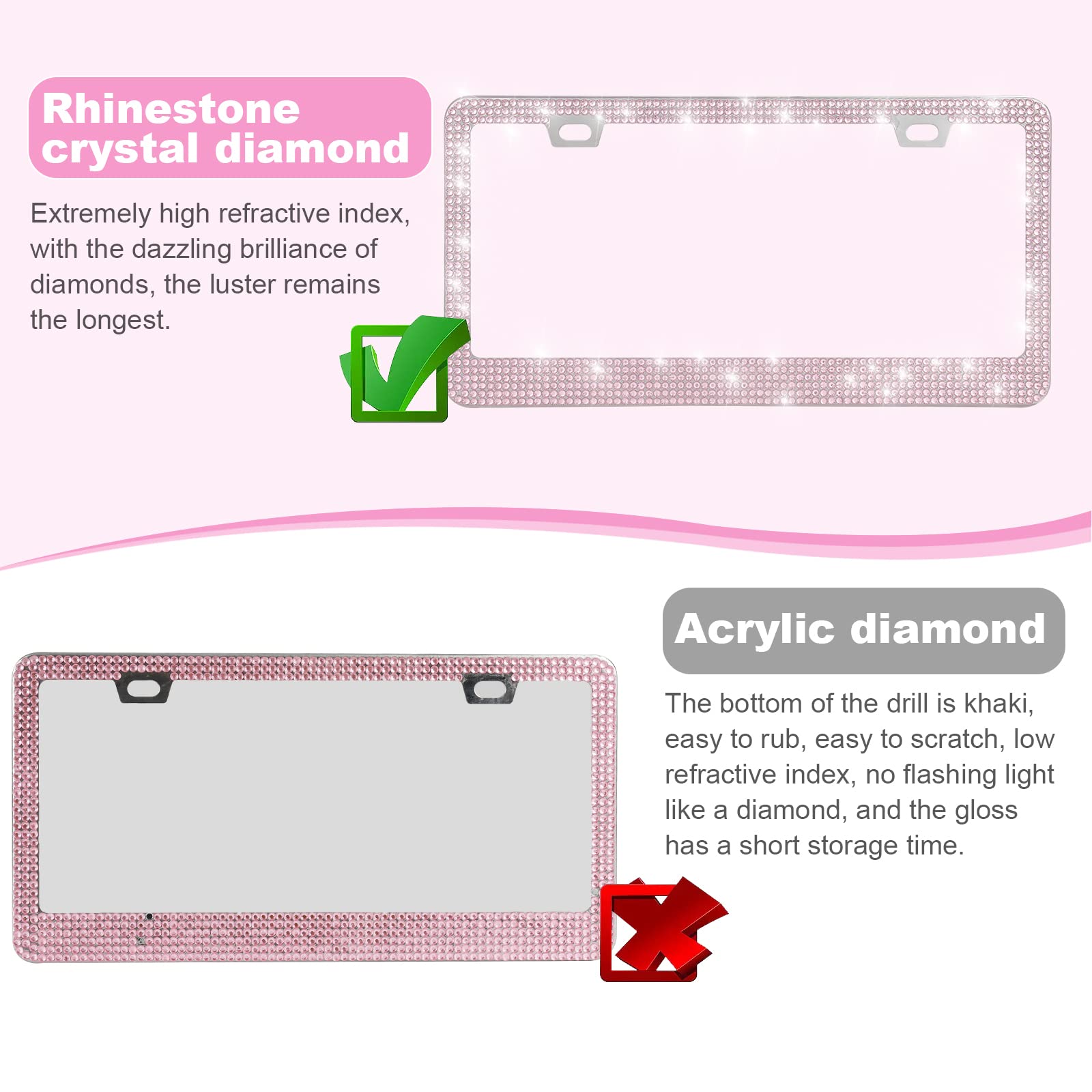 Quanqiufei 2 Pack Bling License Plate Frames For Women, Sparkly Rhinestone Diamond Car Accessories With Glitter Crystal Caps (Pi