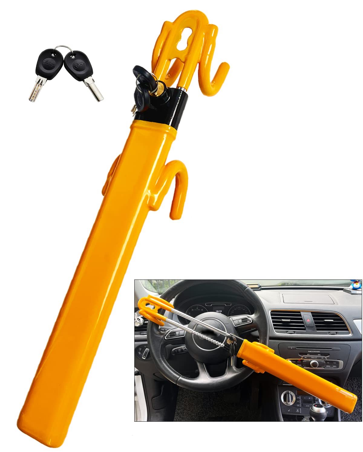 Dodomes Steering Wheel Lock Anti-Theft Heavy Duty Secure Car Device, Adjustable Length Clamp Double Hook Locks Universal Fit (Yellow)