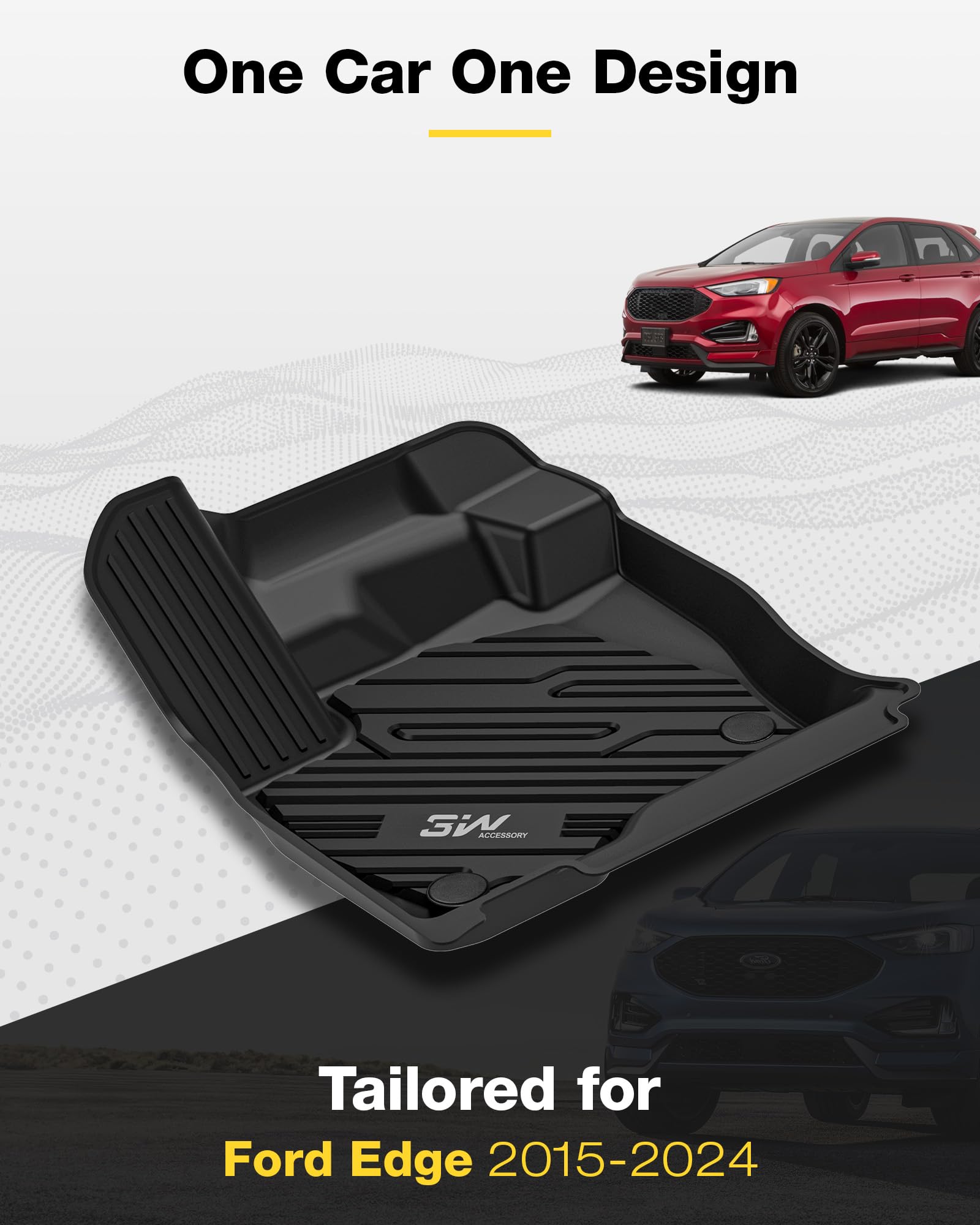 3W All Weather Custom Fit Ford Edge Floor Liner, 1St & 2Nd Row Full Set, Black