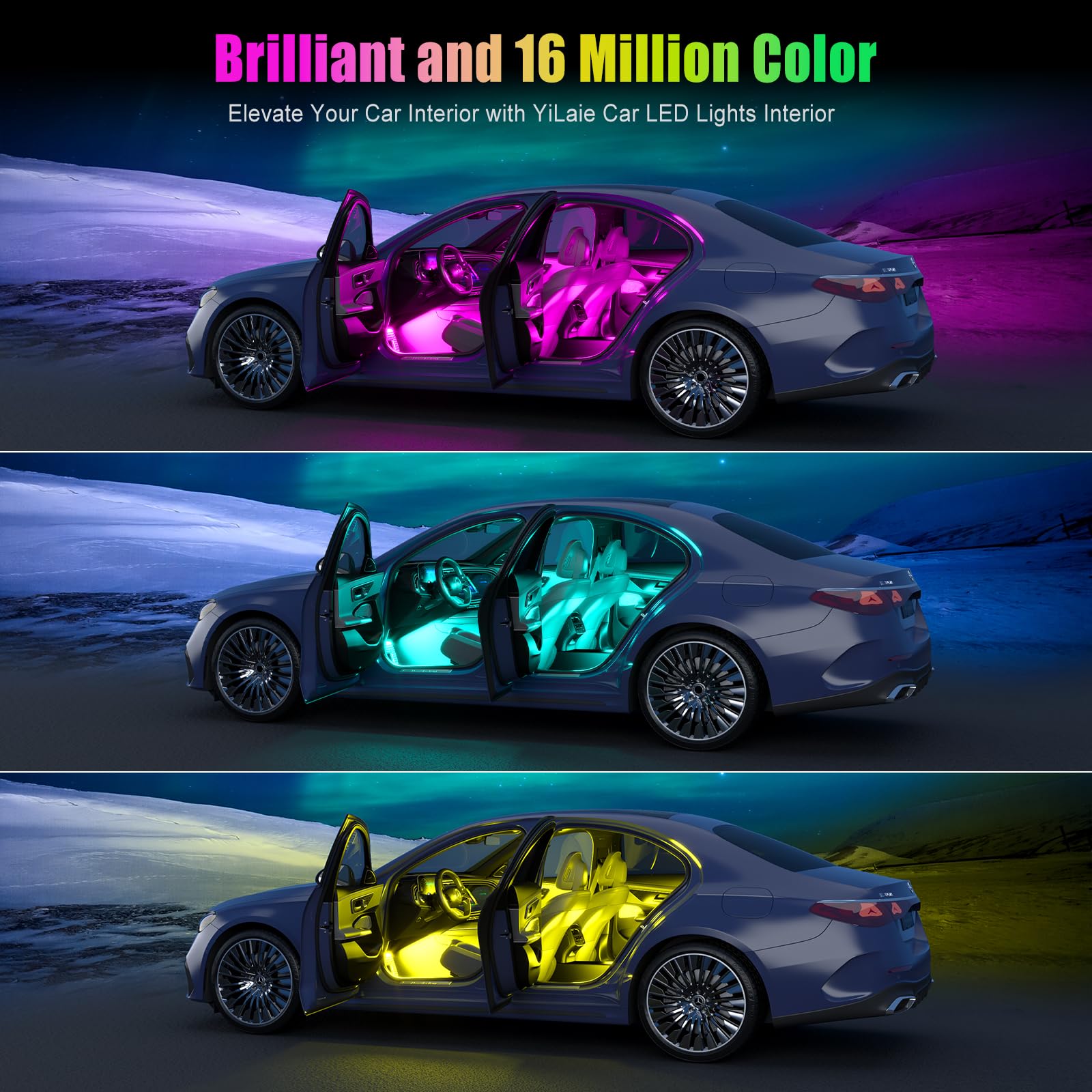 Yilaie Car Lights Interior, Multcolor Rgb Interior Lights With App Control And Music Sync, Usb Under Dash Lighting Kit With Char