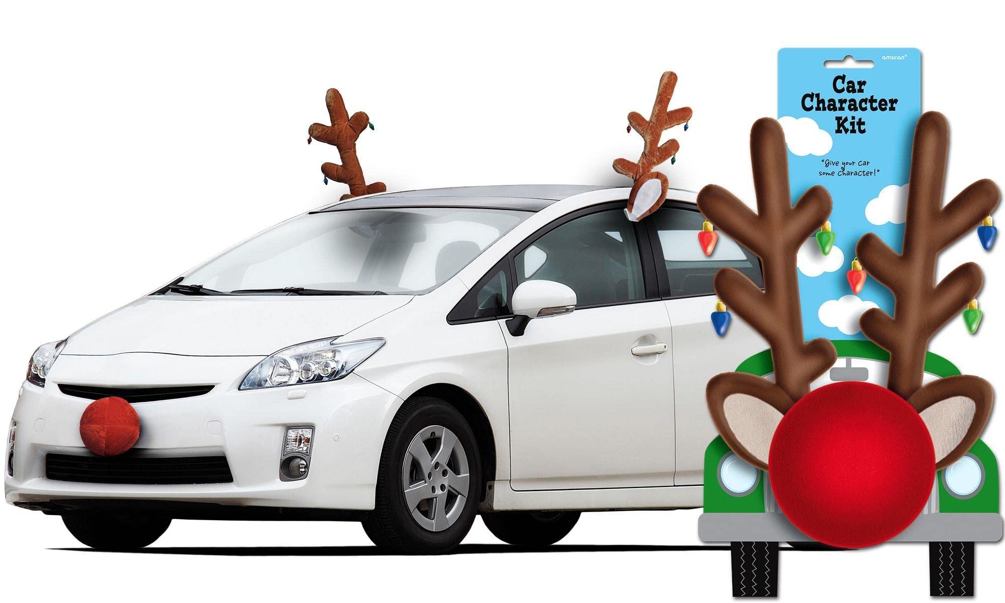 Amscan Festive Reindeer Car Kit - 16'' & 8'' (Pack of 3) - Multicolor Plush Antlers & Nose - Transform Your Vehicle for The Holi