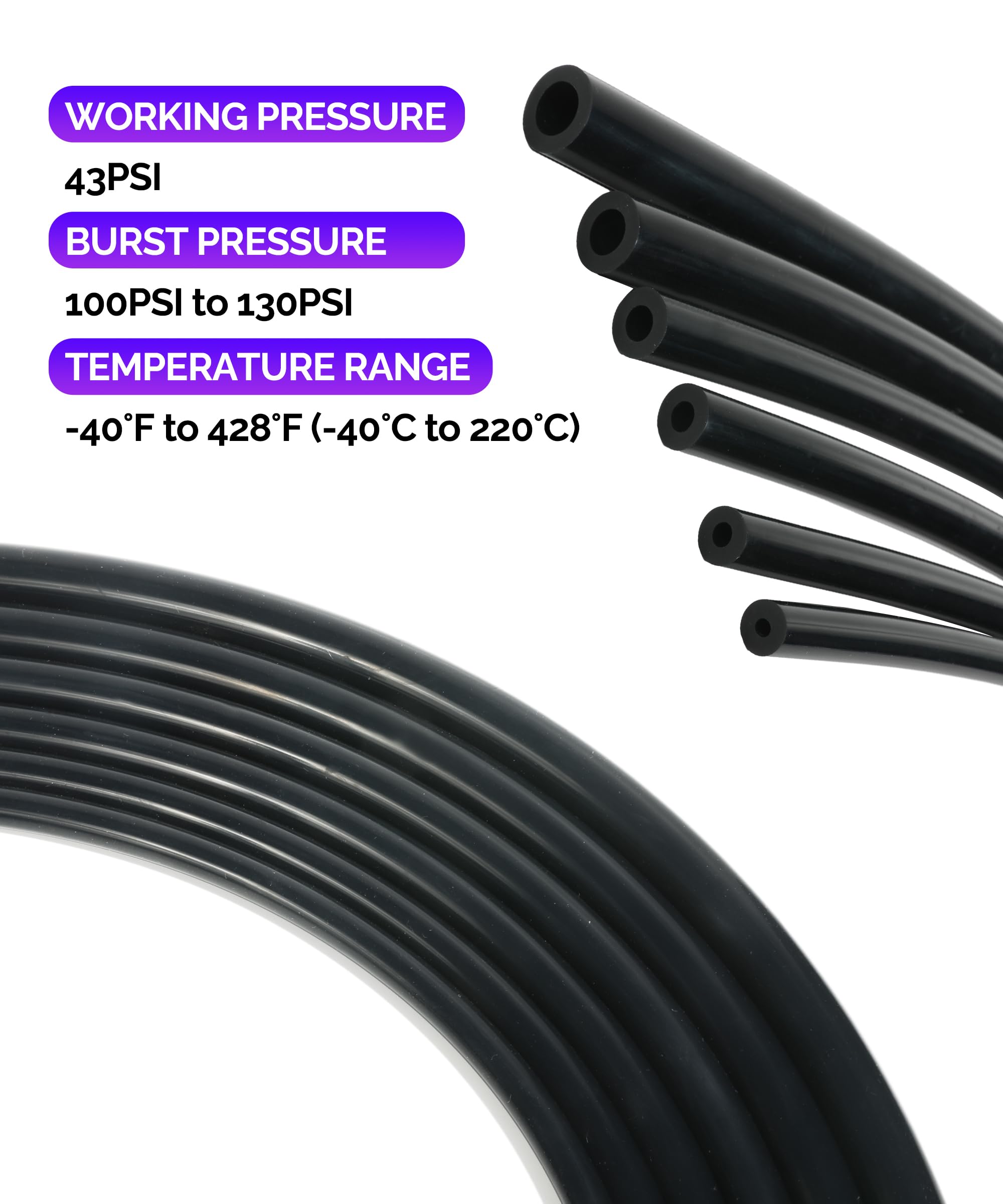RACOONA 6PCS Black Silicone Vacuum Tubing Hose Kit - 5FT, 1/8 to 3/8 Automotive Hoses for Car Accessories