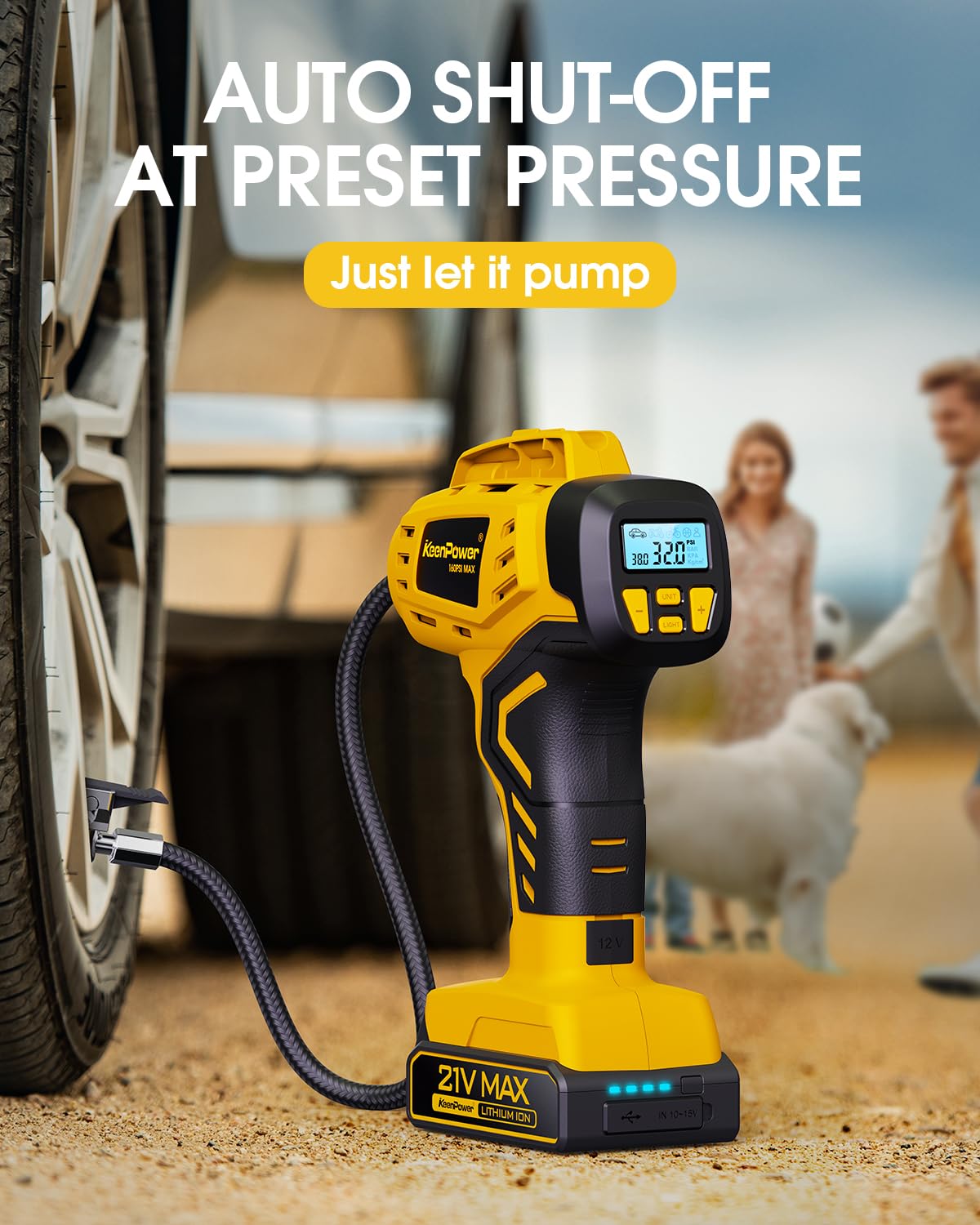 Keenpower Tire Inflator Portable Air Compressor - 2X Faster - 21V Rechargeable Battery Powered Handheld 160Psi Tire Inflator, Du