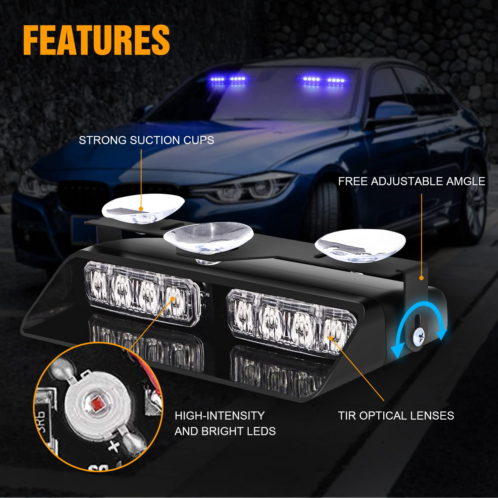 Xridonsen 2 In 1 Blue Emergency Dash Strobe Lights Warning Safety Flashing Interior Windshield Lights W/Suction Cups For Ambulan