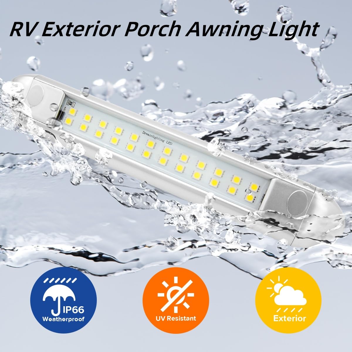 Dream Lighting Rv Exterior Light Fixture Led Waterproof Porch Awning Light 12V Camping Light Strip 10Inch Cool White, Silver She