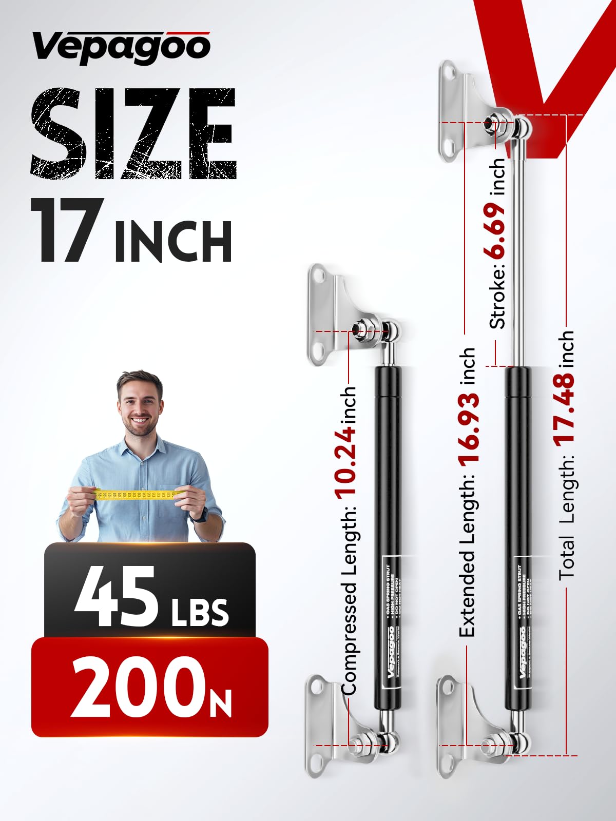 Vepagoo Gas Struts 17 Inch 45Lb/200N Shock With Mounting Brackets, Lift Supports For Tool Box Boat Hatch Rv Bed Cabinet Cover Do
