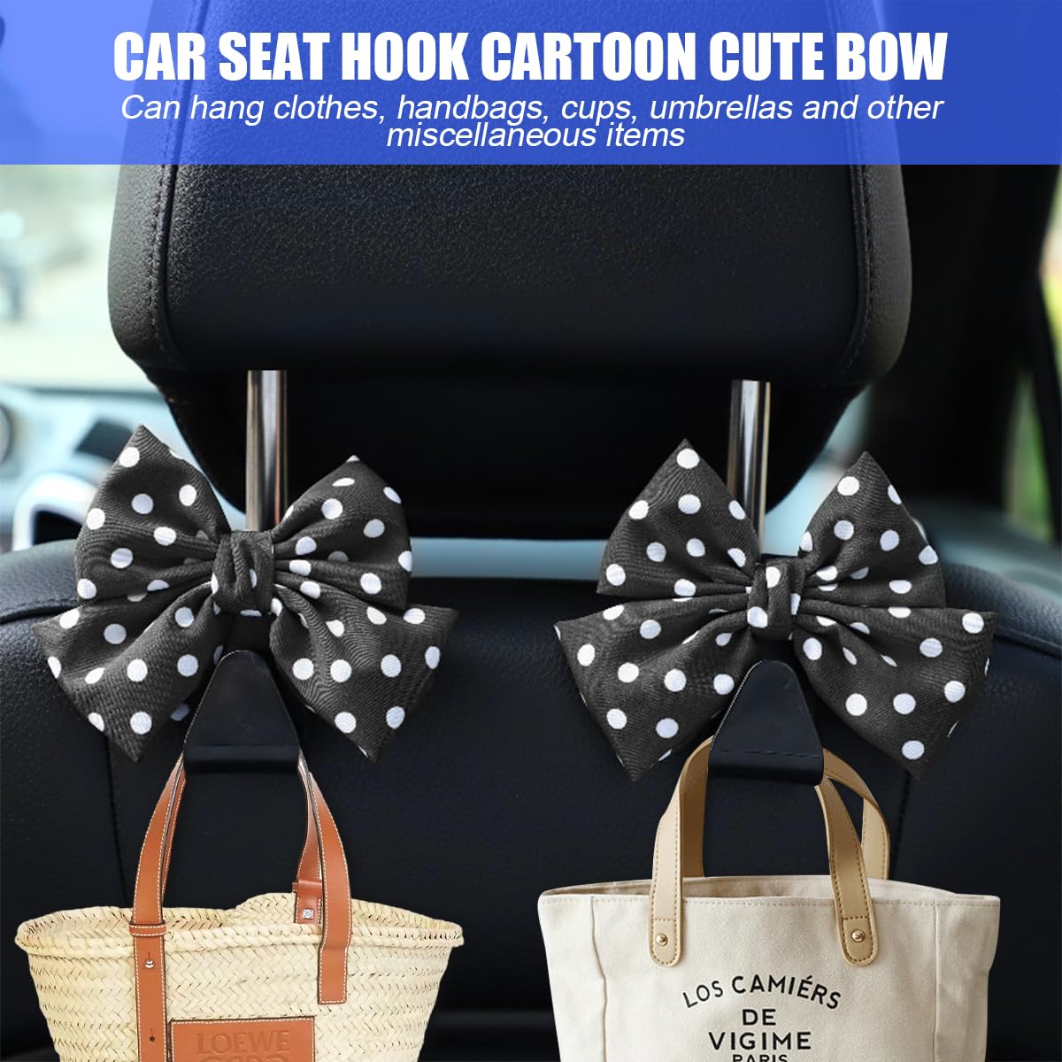 Mandark 2PCS Car Seat Hooks - Cute Bow Vehicle Hooks for Purses & Bags, Universal for SUV, Sedan, Truck (Black/Polka Dot)