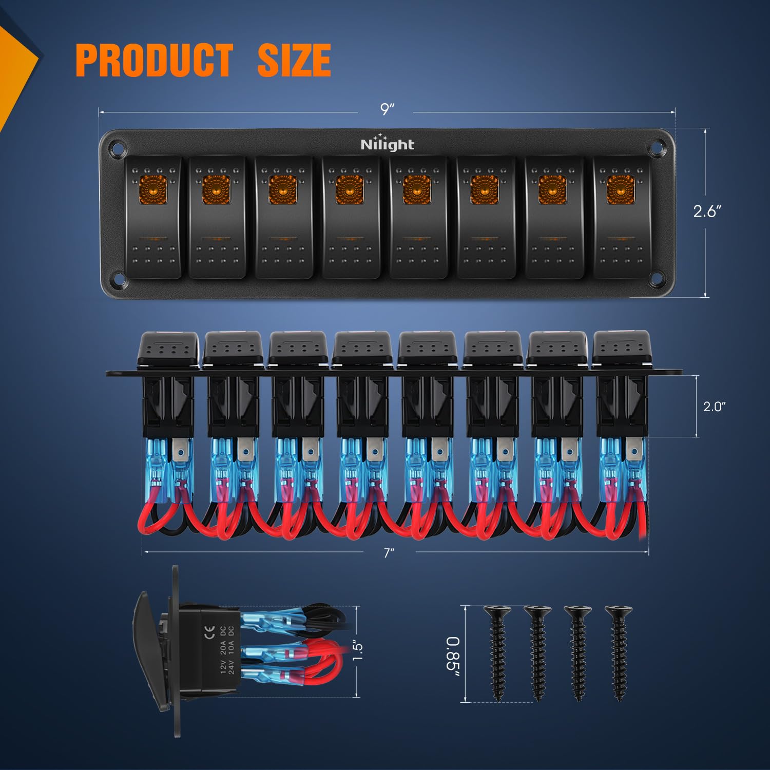 Nilight 8 Gang Rocker Switch Panel With Orange Led Light 5 Pin On Off Pre-Wired Rocker Switch Aluminum Panel Toggle Switch Panel