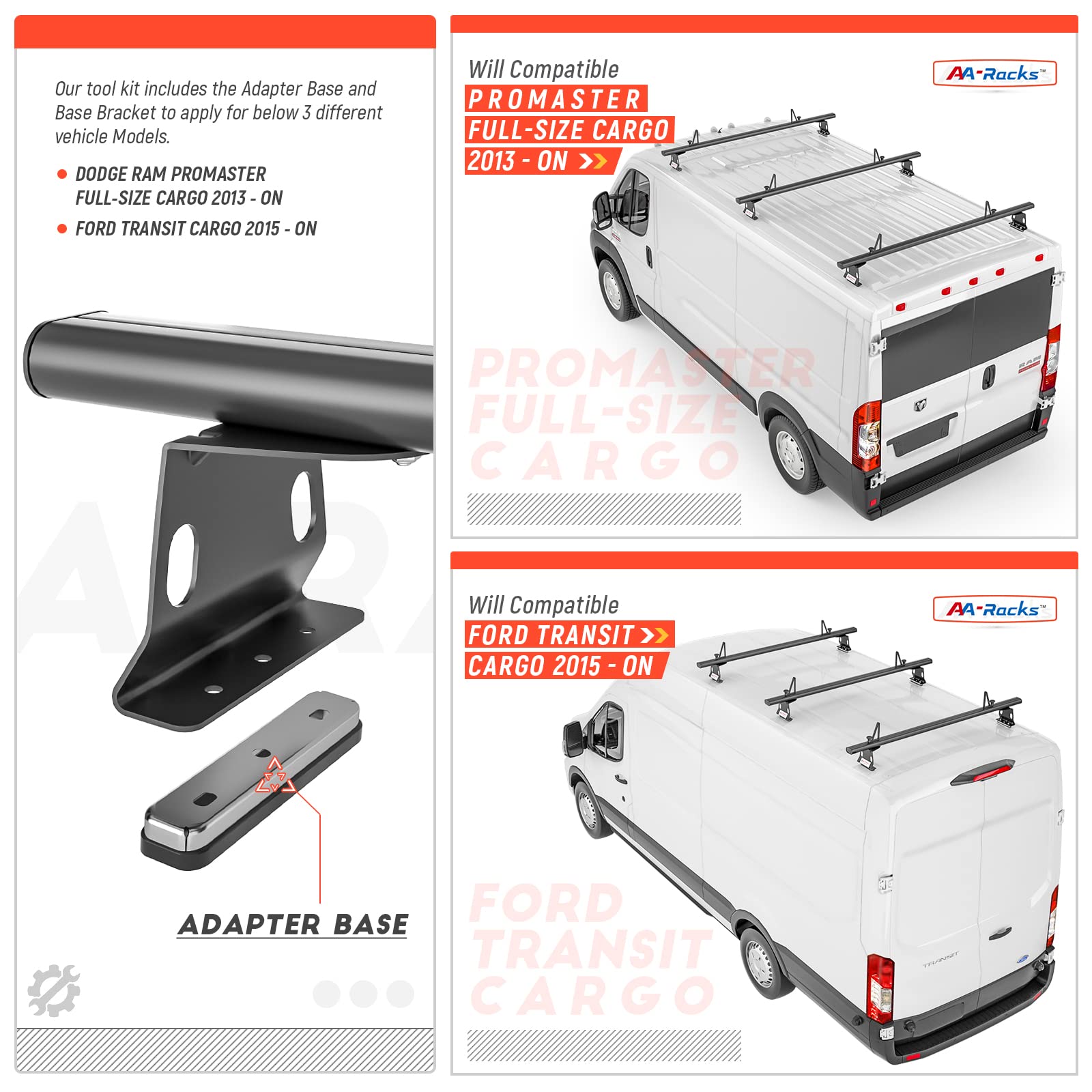 Aa Racks Model Ax302 Aluminum Van Ladder Roof Rack System Fits For 2013-On Ram Promaster/ 2015-On Transit - 3 Bar 72'', Black