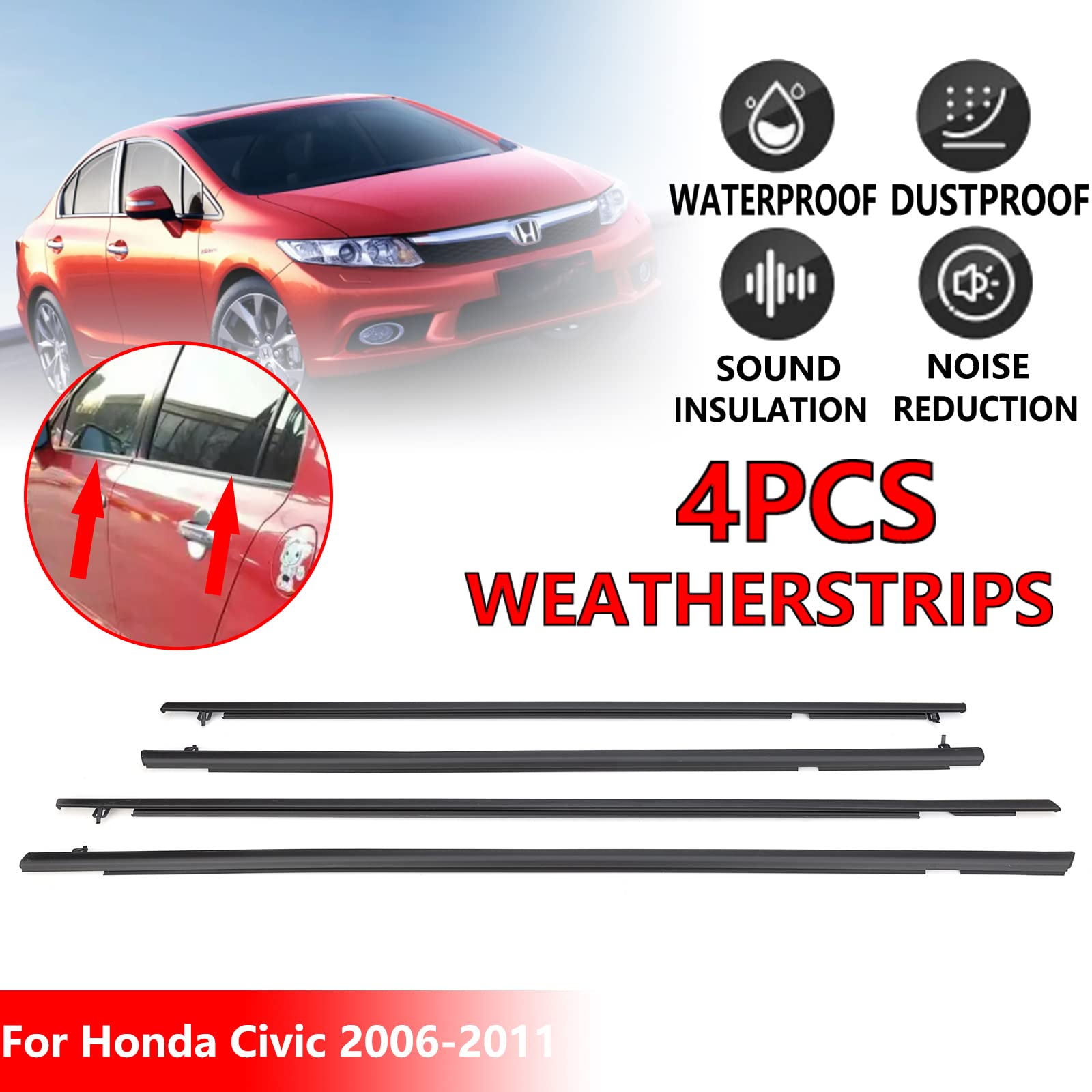 Geataat 4Pcs Weatherstrip Window Moulding Trim Seal Belt Compatible With 2006-2011 Honda Civic Replace# 72460-Sna-A01 72410-Sna-