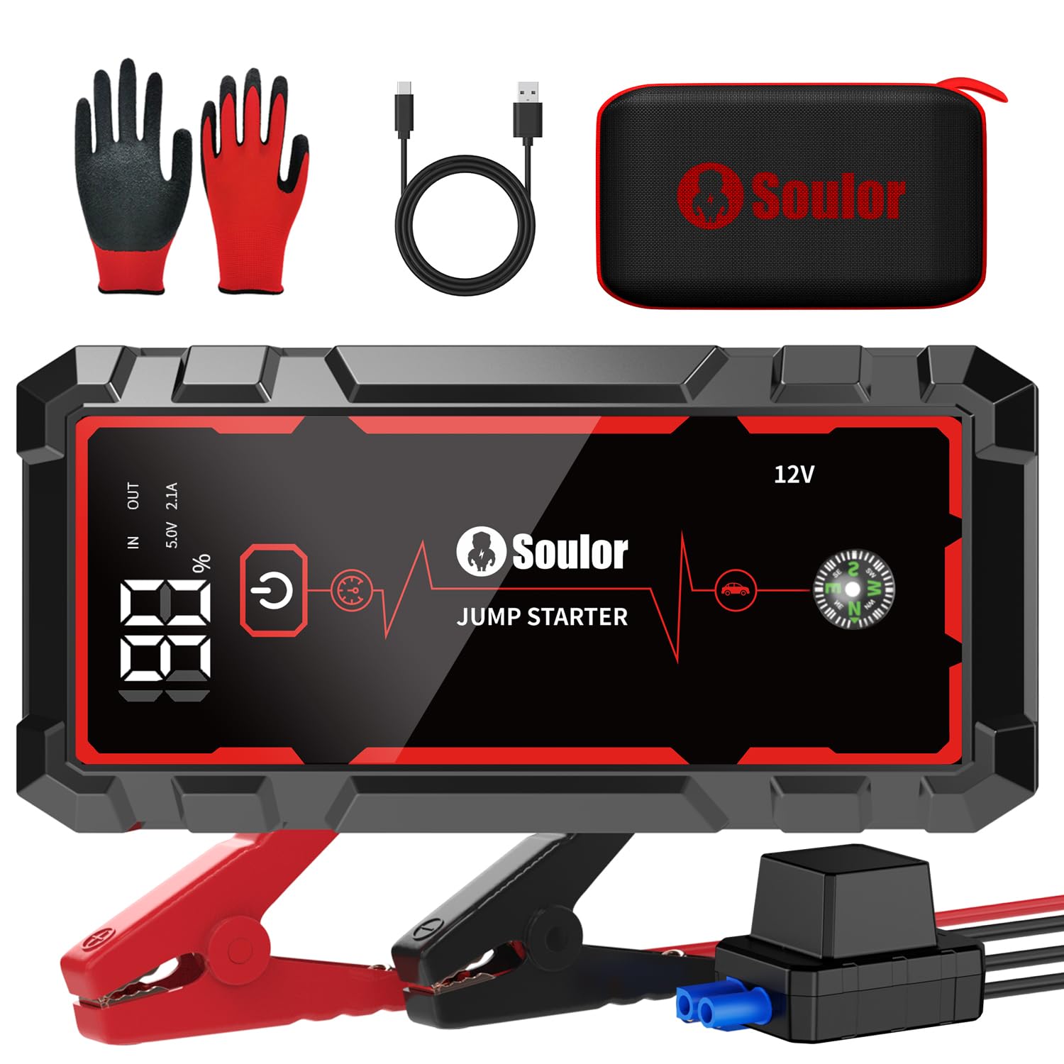Jump Starter, Battery Jumper Starter Portable, Car Battery Jump Starter with 3 Modes Flashlight, Compass, Power Bank and Jumper 