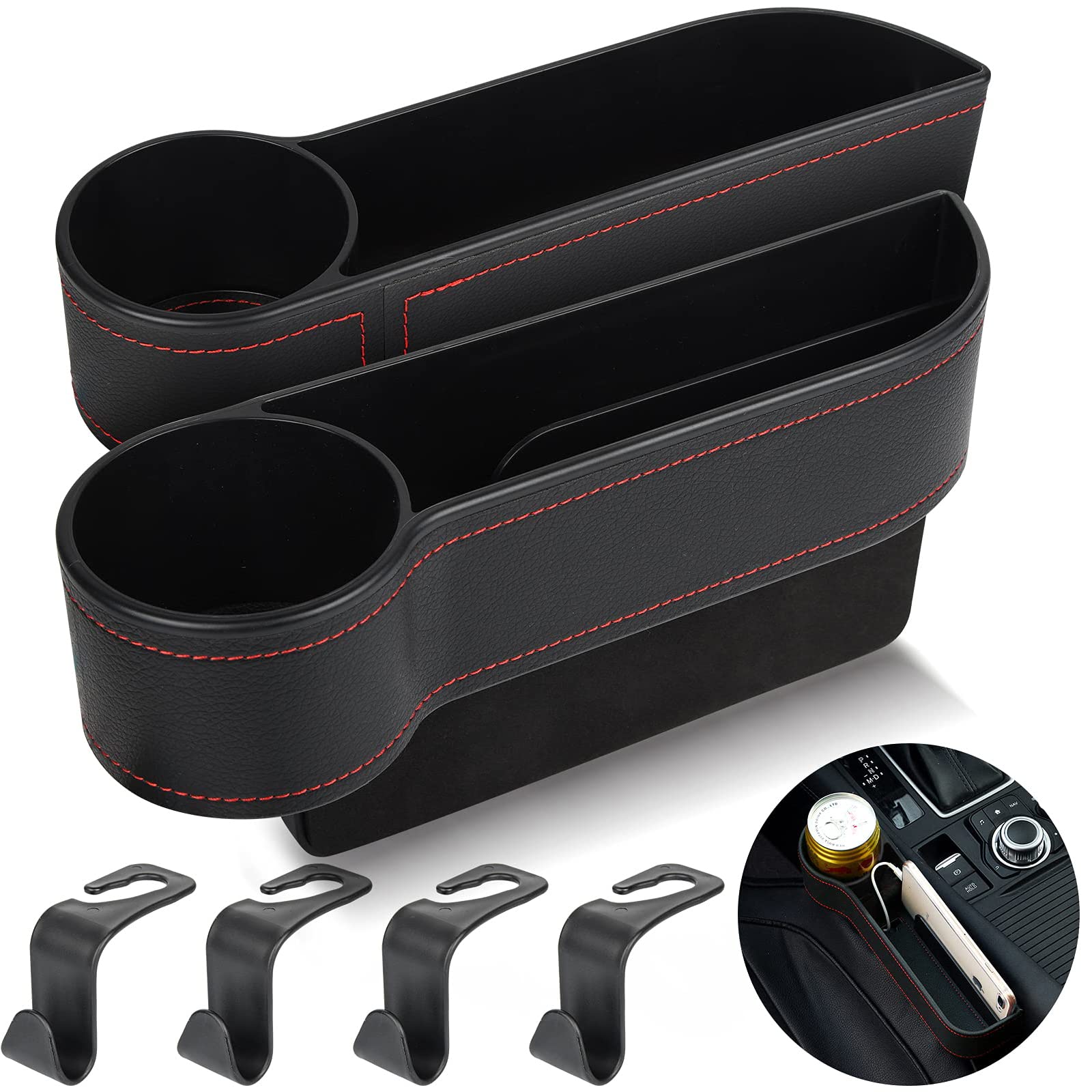 2 Set Car Seat Gap Organizer, Car Gap Filler Storage Boxes, PU Leather Front Seat Console Side Pocket Bags with Cup Holder 4 Hoo