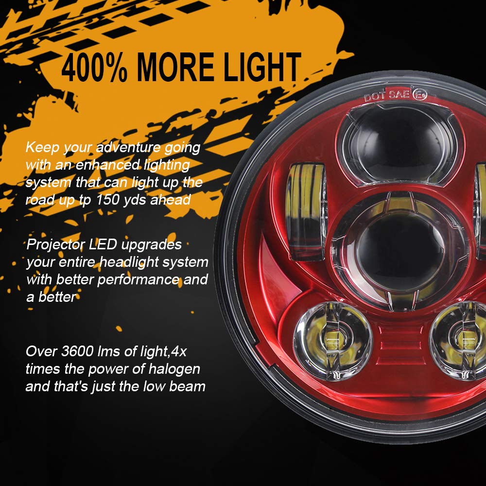 Atubeix 5-3/4 5.75' Led Motorcycle For Iron 883 Dyna Sportster Low Rider Triple Wide Glide Projector Driving Lamp 1 Pcs (Red)