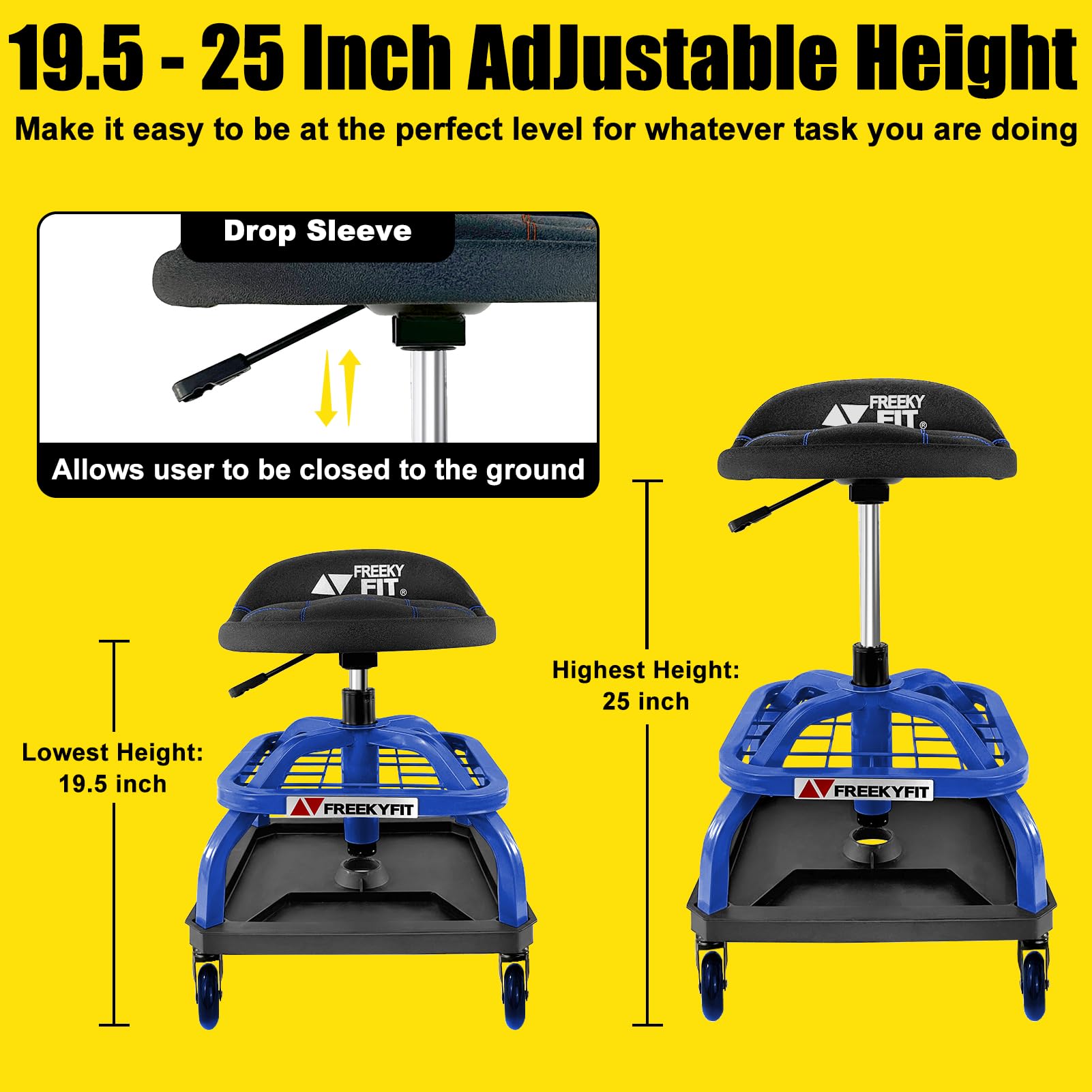 FreekyFit Rolling Stool with Blue Wheels,Heavy Duty Garage Work Mechanic Rolling Shop Stool with Backrest, Adjustable Height 360