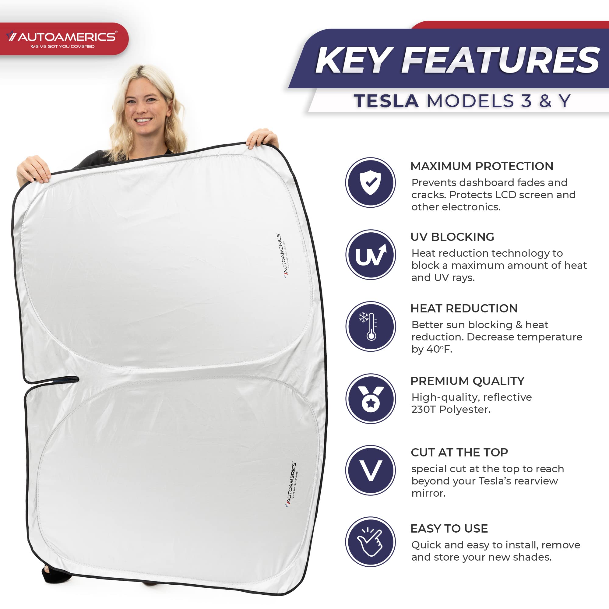 Autoamerics 1-Piece Tesla Model Y Sunshade & Tesla Model 3 Sunshade - Special Design for Model Y & 3 Windshield - Foldable Light